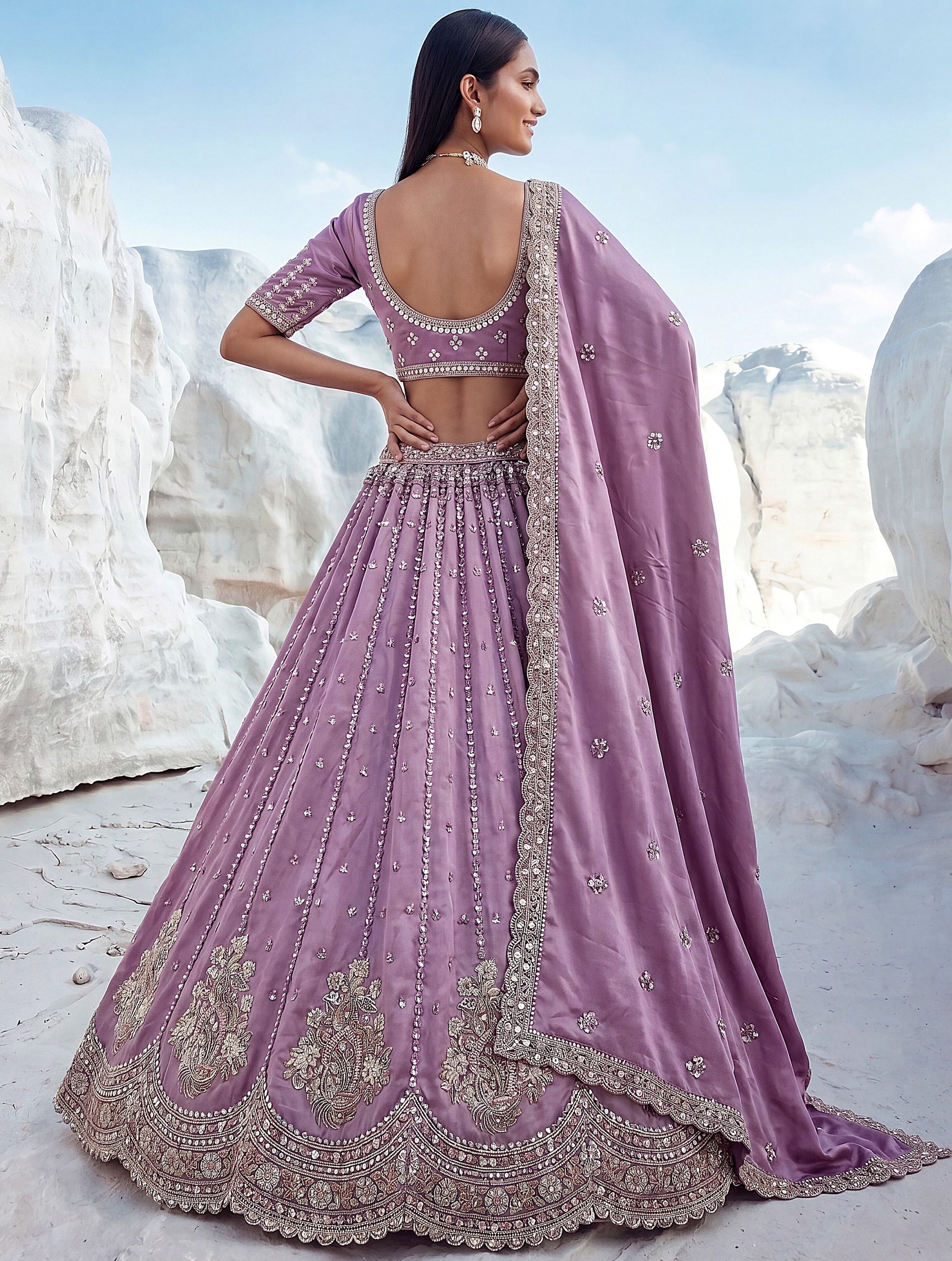 Glowing Lavender Sequins Work Silk Wedding Wear Lehenga Choli With Dupatta