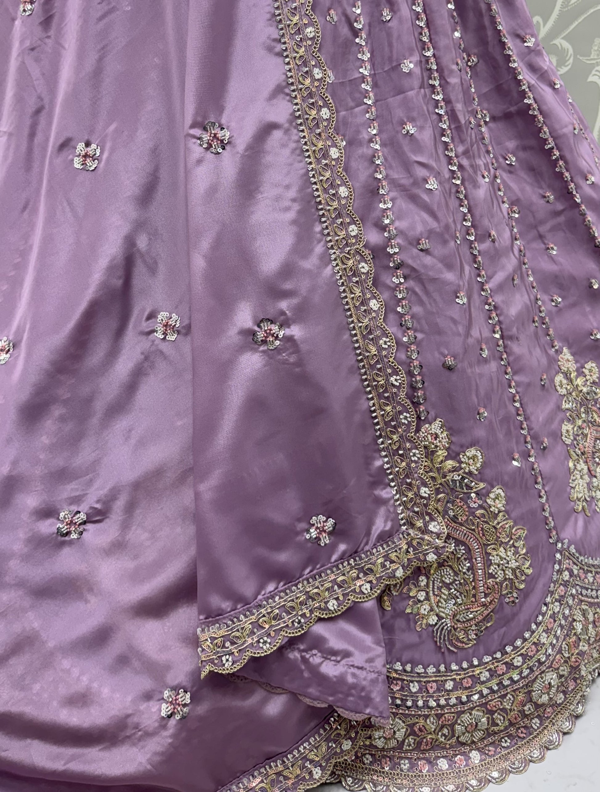 Glowing Lavender Sequins Work Silk Wedding Wear Lehenga Choli With Dupatta