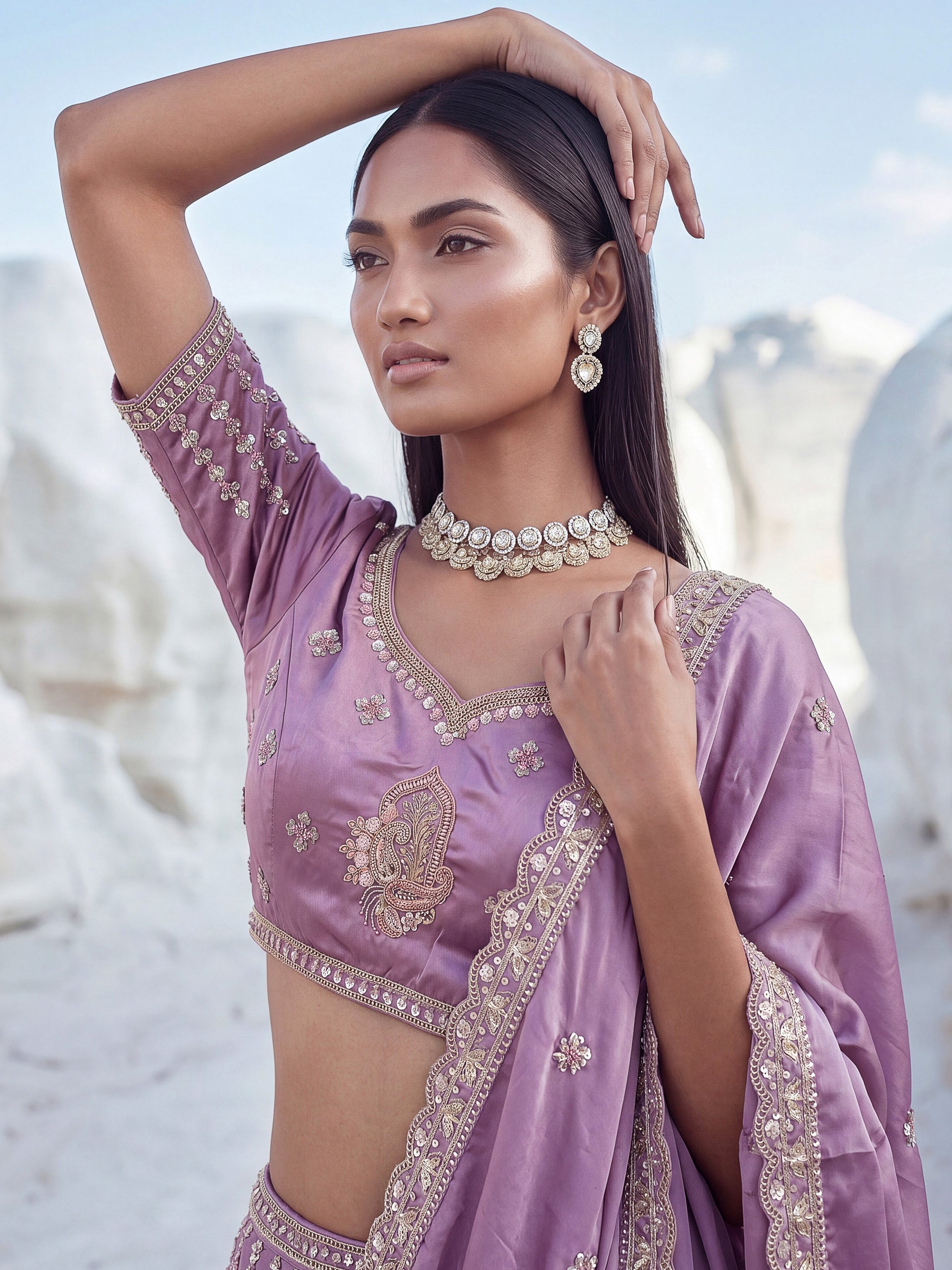 Glowing Lavender Sequins Work Silk Wedding Wear Lehenga Choli With Dupatta