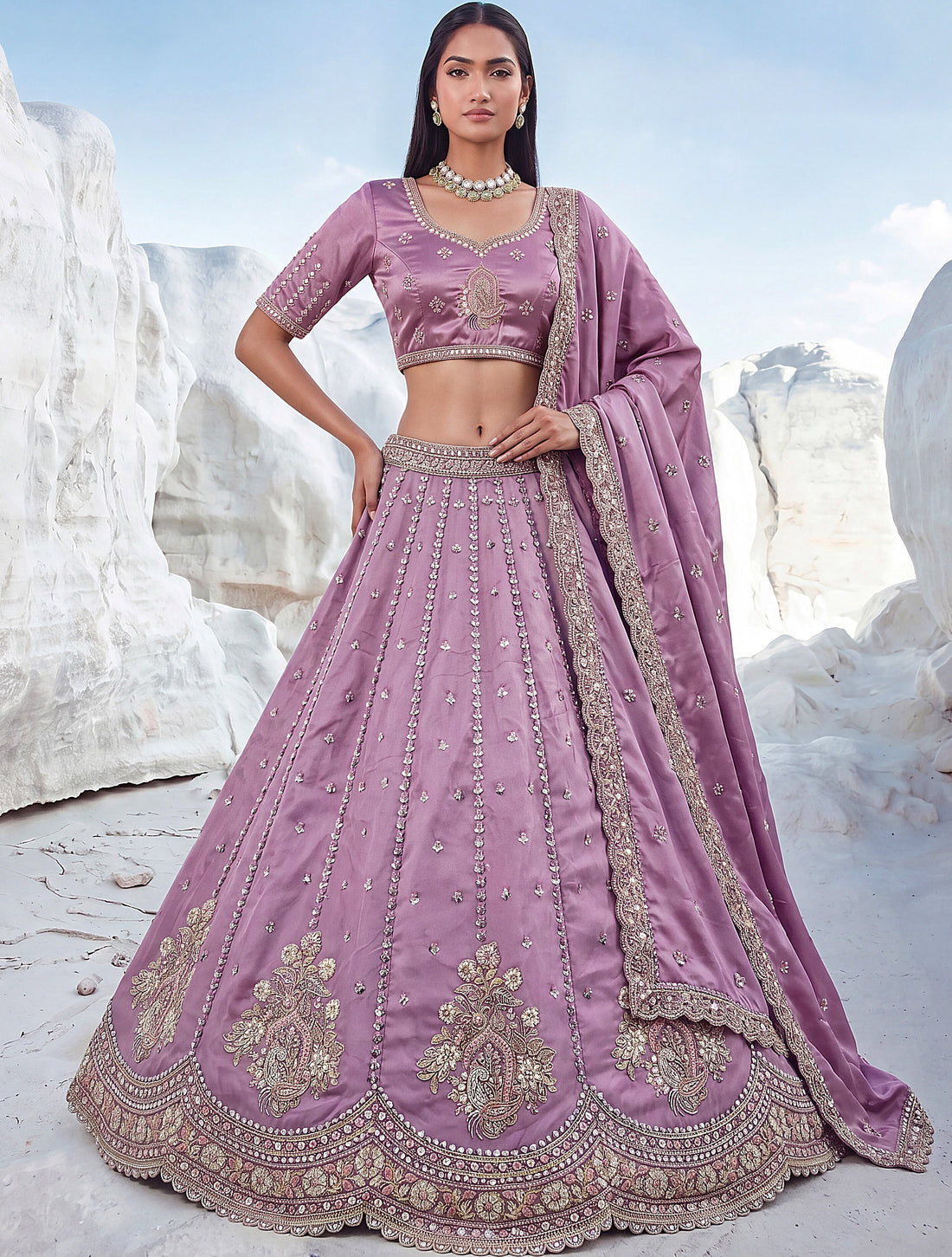 Glowing Lavender Sequins Work Silk Wedding Wear Lehenga Choli With Dupatta