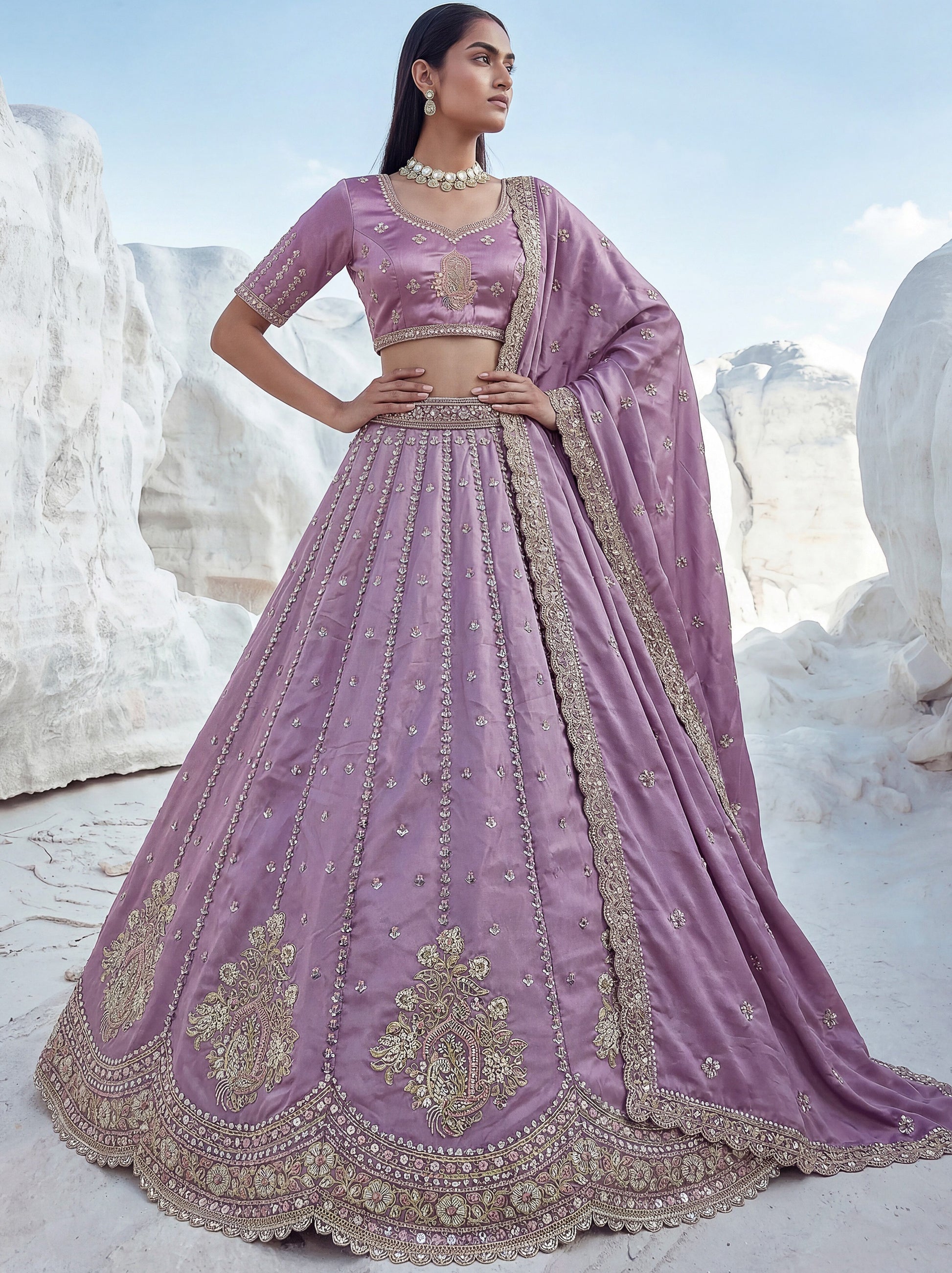 Glowing Lavender Sequins Work Silk Wedding Wear Lehenga Choli With Dupatta