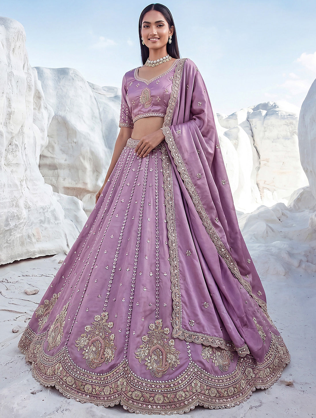 Glowing Lavender Sequins Work Silk Wedding Wear Lehenga Choli With Dupatta