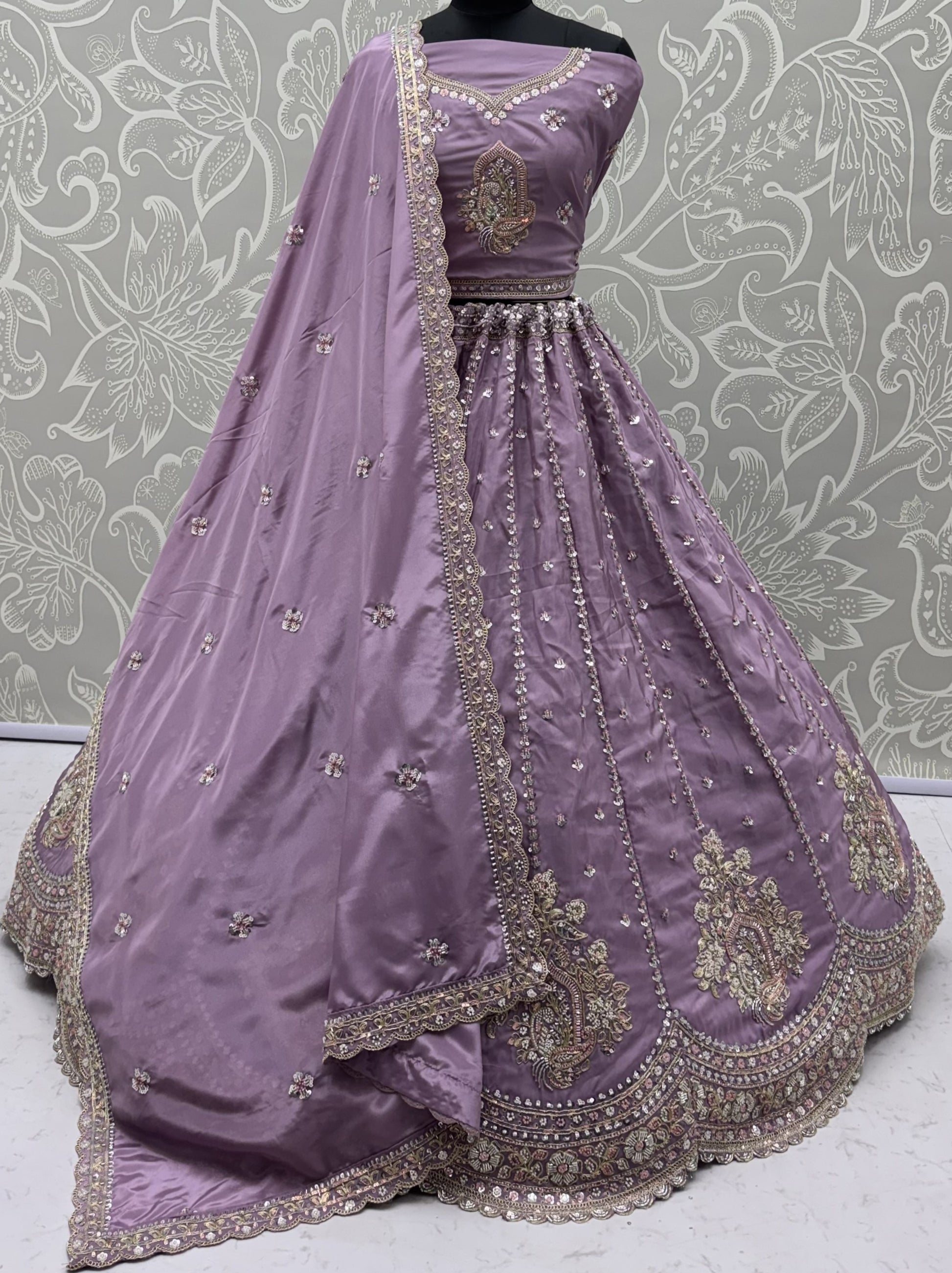Glowing Lavender Sequins Work Silk Wedding Wear Lehenga Choli With Dupatta