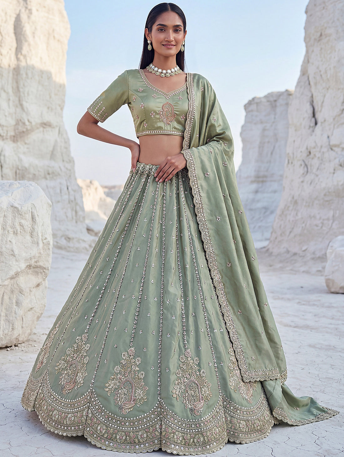 Attractive Pista Green Boota Work  Silk Traditional Wear Lehenga Choli With Dupatta