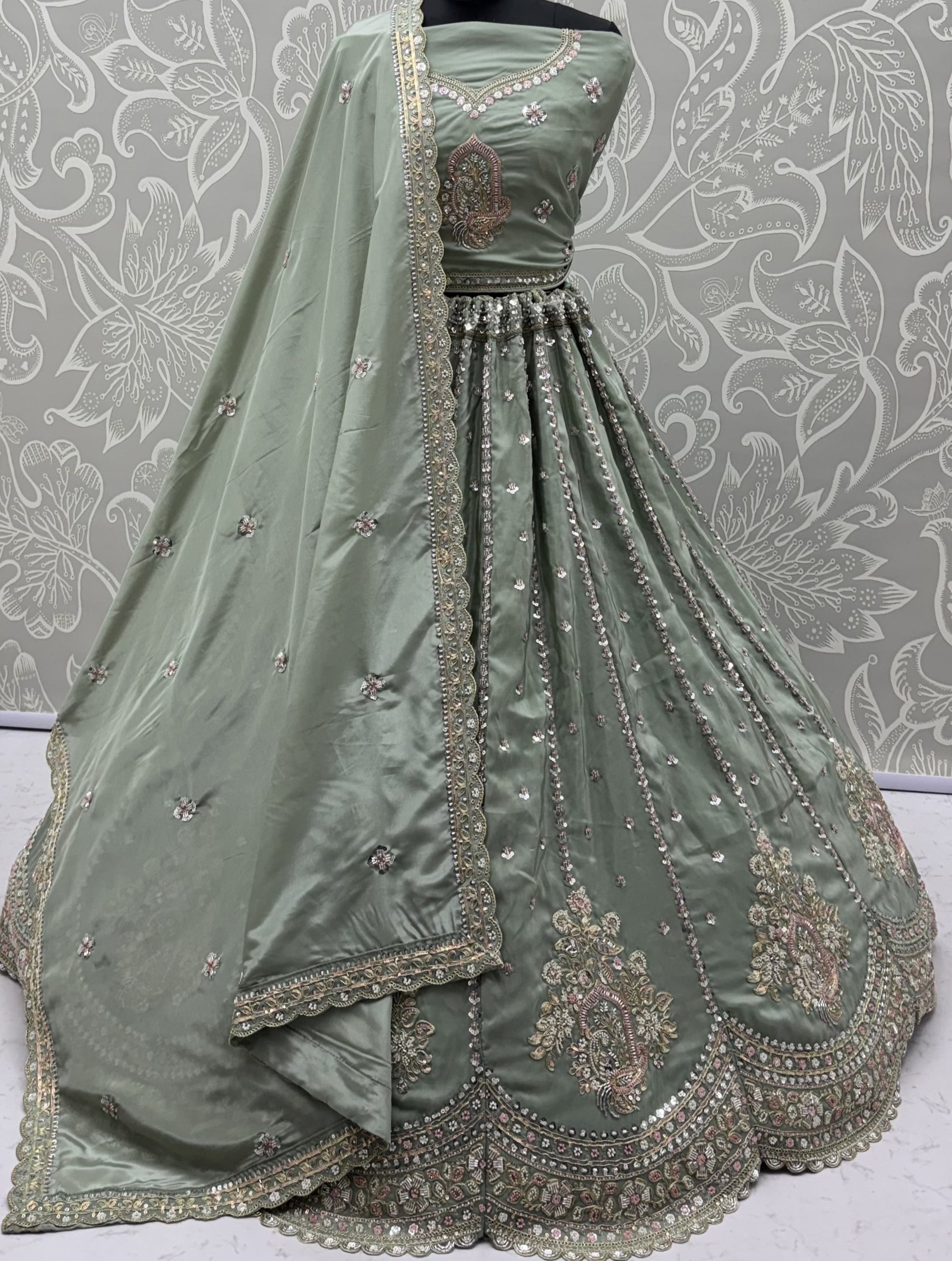Attractive Pista Green Boota Work  Silk Traditional Wear Lehenga Choli With Dupatta