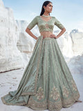 Attractive Pista Green Boota Work  Silk Traditional Wear Lehenga Choli With Dupatta