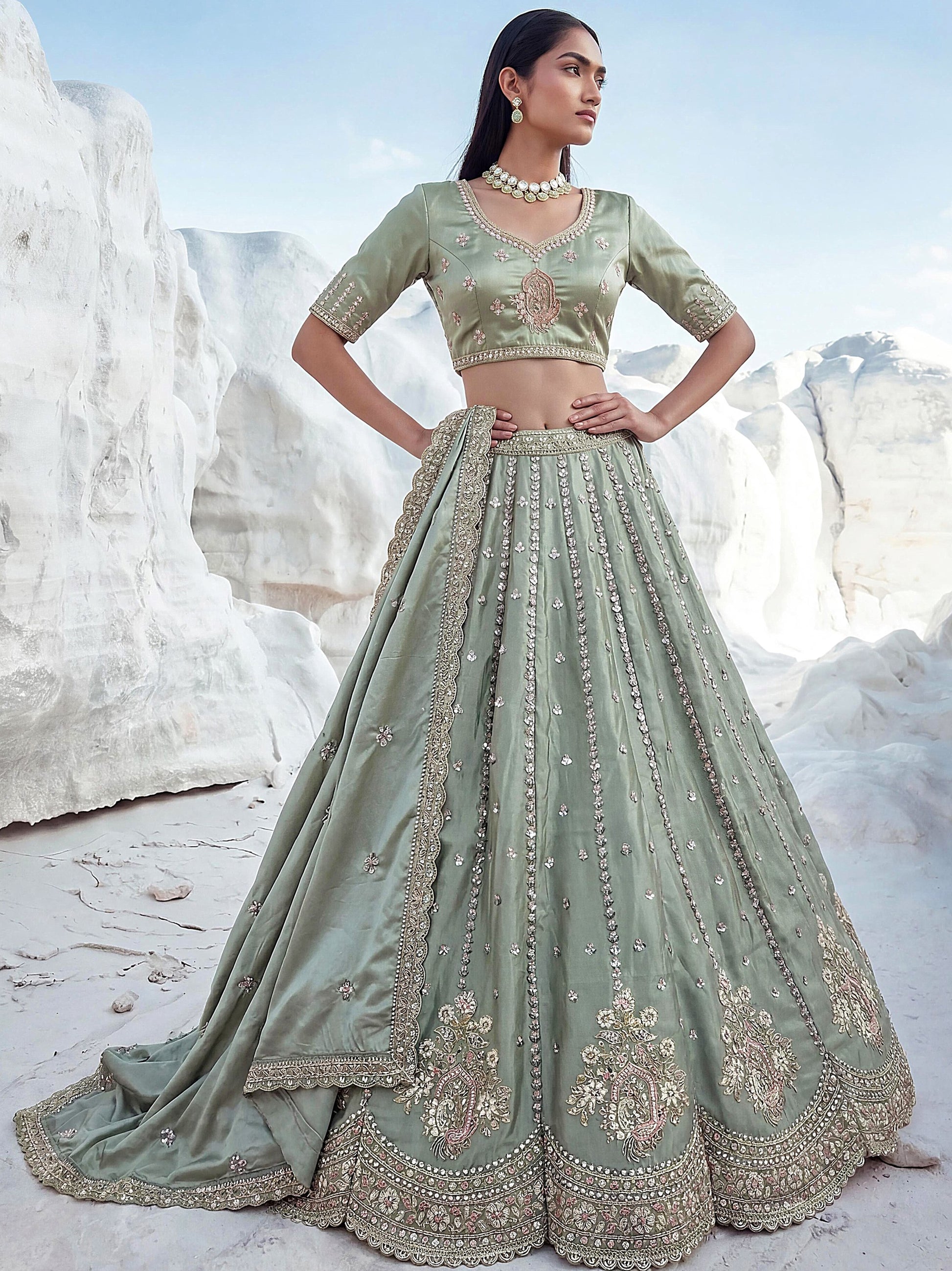 Attractive Pista Green Boota Work  Silk Traditional Wear Lehenga Choli With Dupatta
