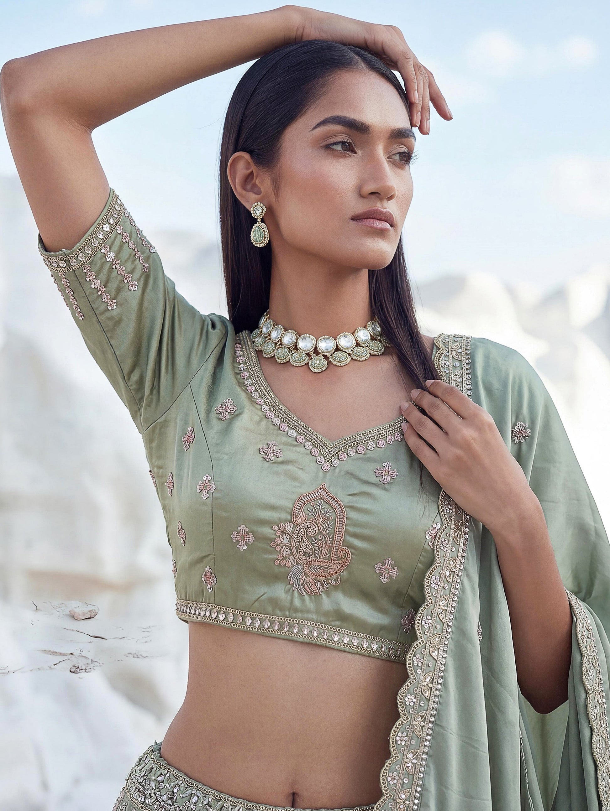 Attractive Pista Green Boota Work  Silk Traditional Wear Lehenga Choli With Dupatta