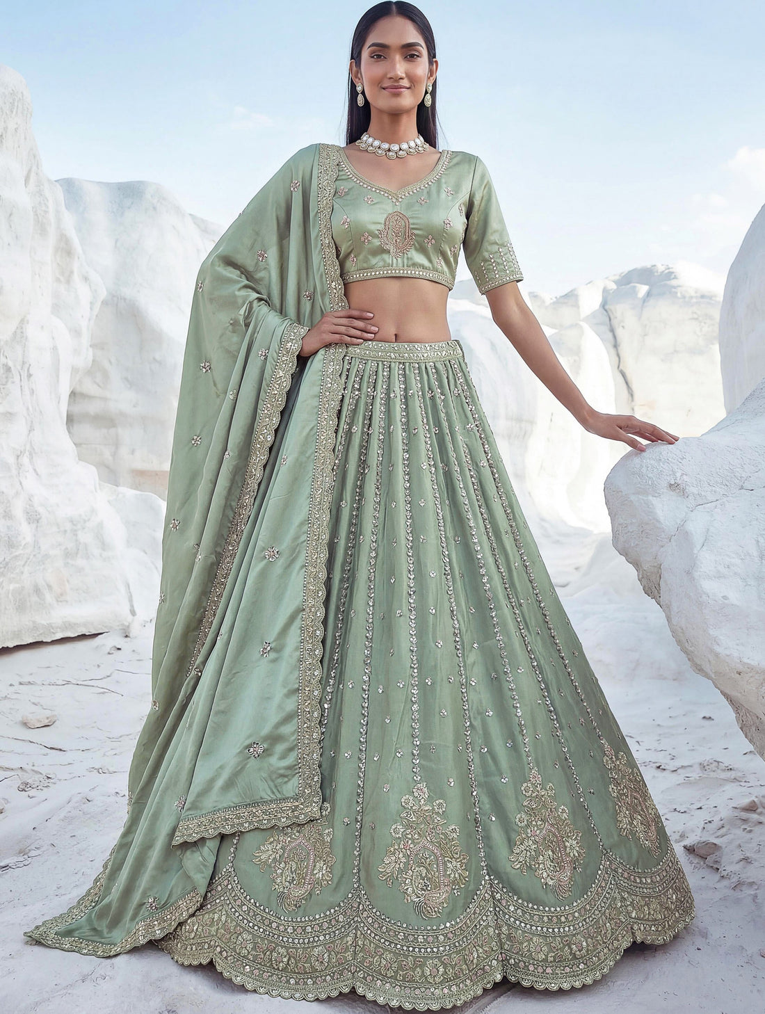 Attractive Pista Green Boota Work  Silk Traditional Wear Lehenga Choli With Dupatta