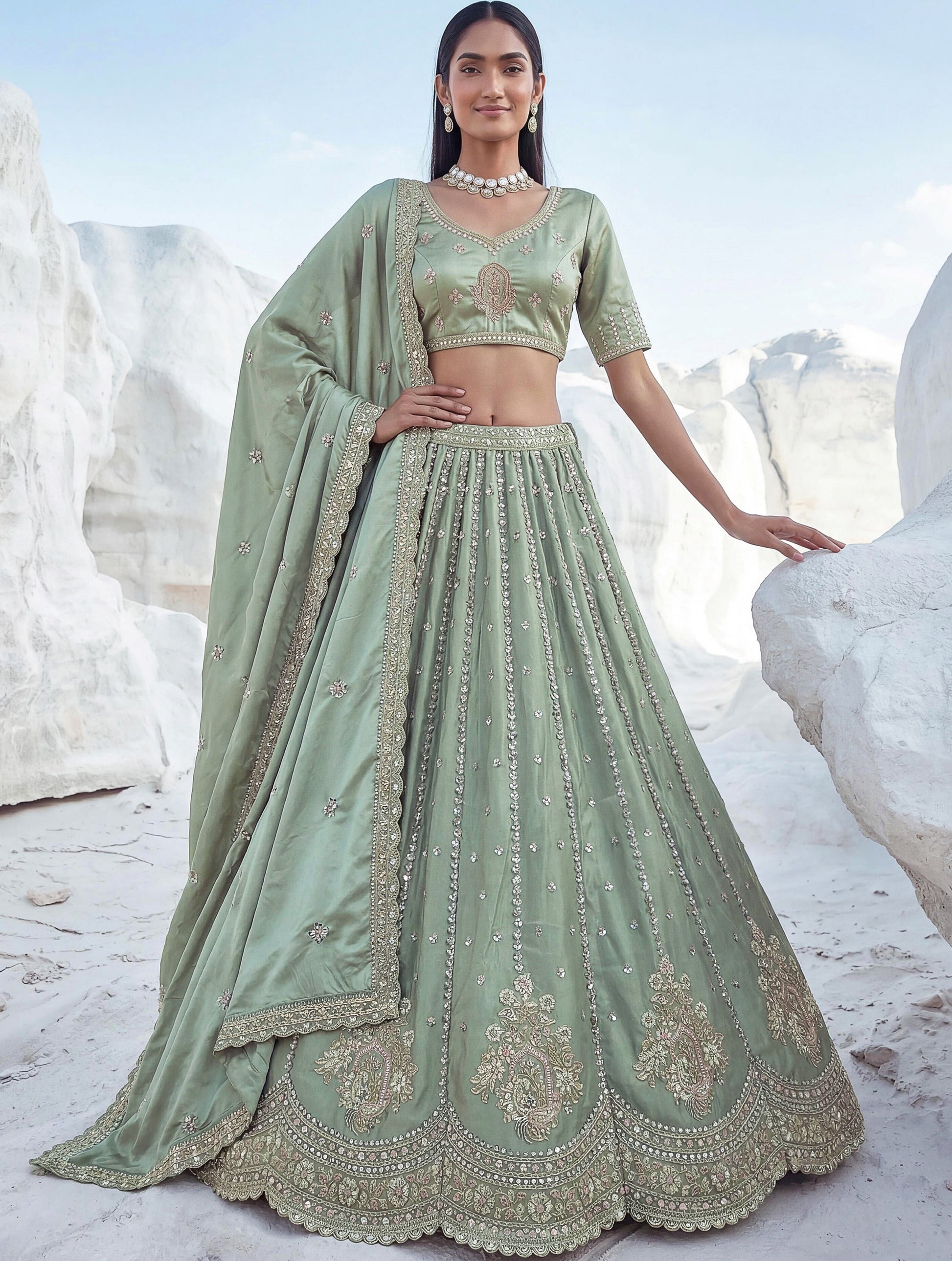 Attractive Pista Green Boota Work  Silk Traditional Wear Lehenga Choli With Dupatta