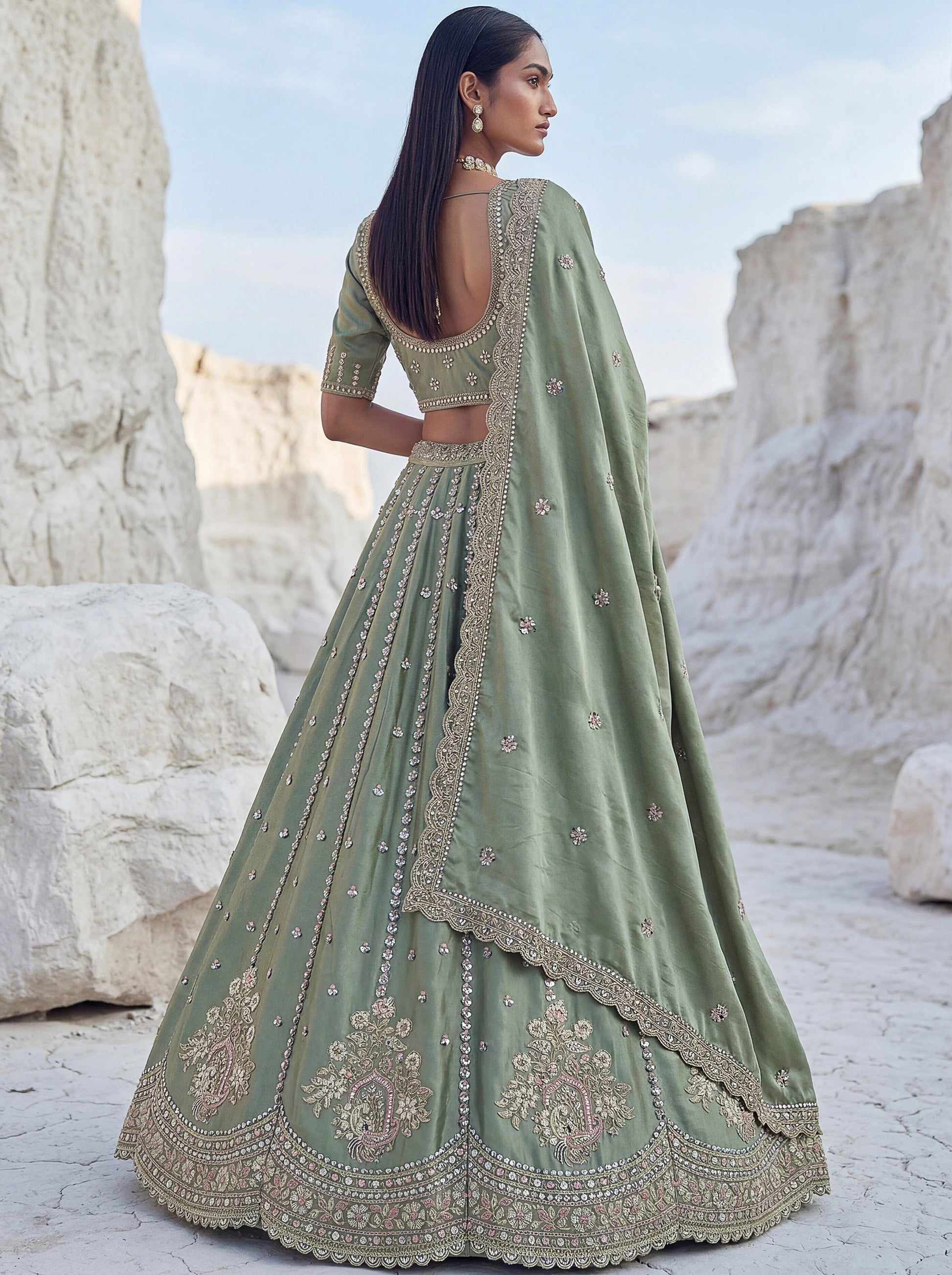 Attractive Pista Green Boota Work  Silk Traditional Wear Lehenga Choli With Dupatta