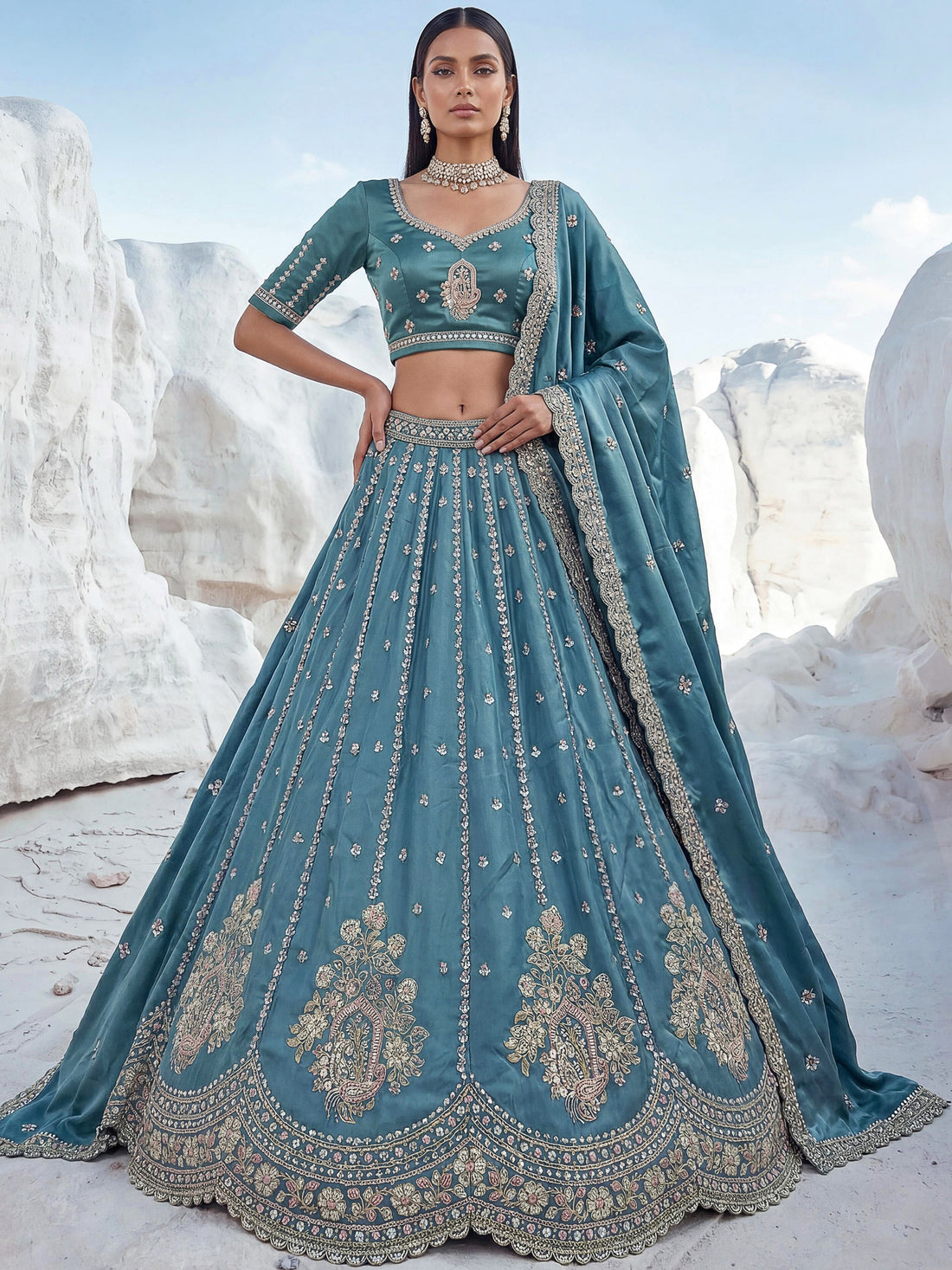 Attractive Teal Blue Embroidered Silk Engagement Wear Lehenga Choli With Dupatta