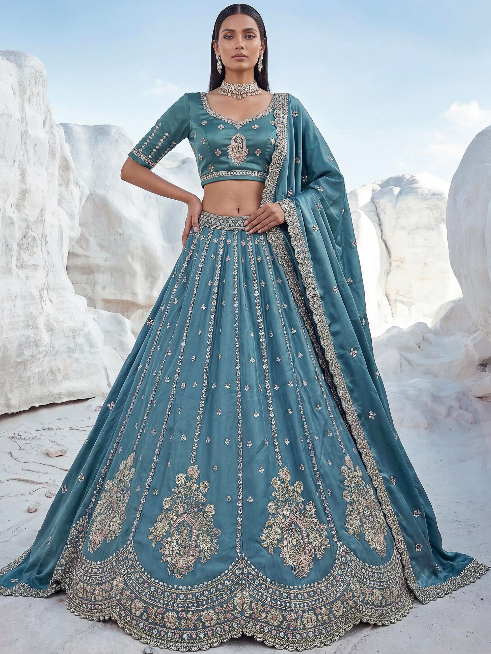 Attractive Teal Blue Embroidered Silk Engagement Wear Lehenga Choli With Dupatta