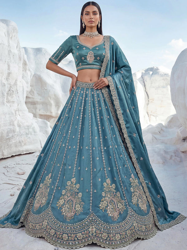 Attractive Teal Blue Embroidered Silk Engagement Wear Lehenga Choli With Dupatta