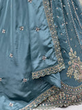 Attractive Teal Blue Embroidered Silk Engagement Wear Lehenga Choli With Dupatta