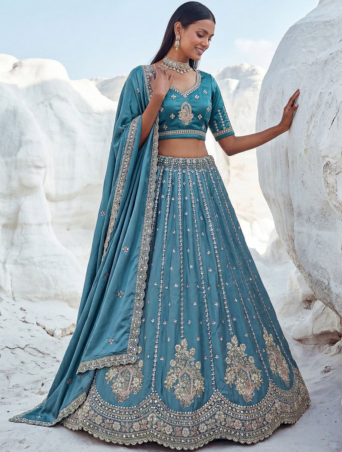 Attractive Teal Blue Embroidered Silk Engagement Wear Lehenga Choli With Dupatta