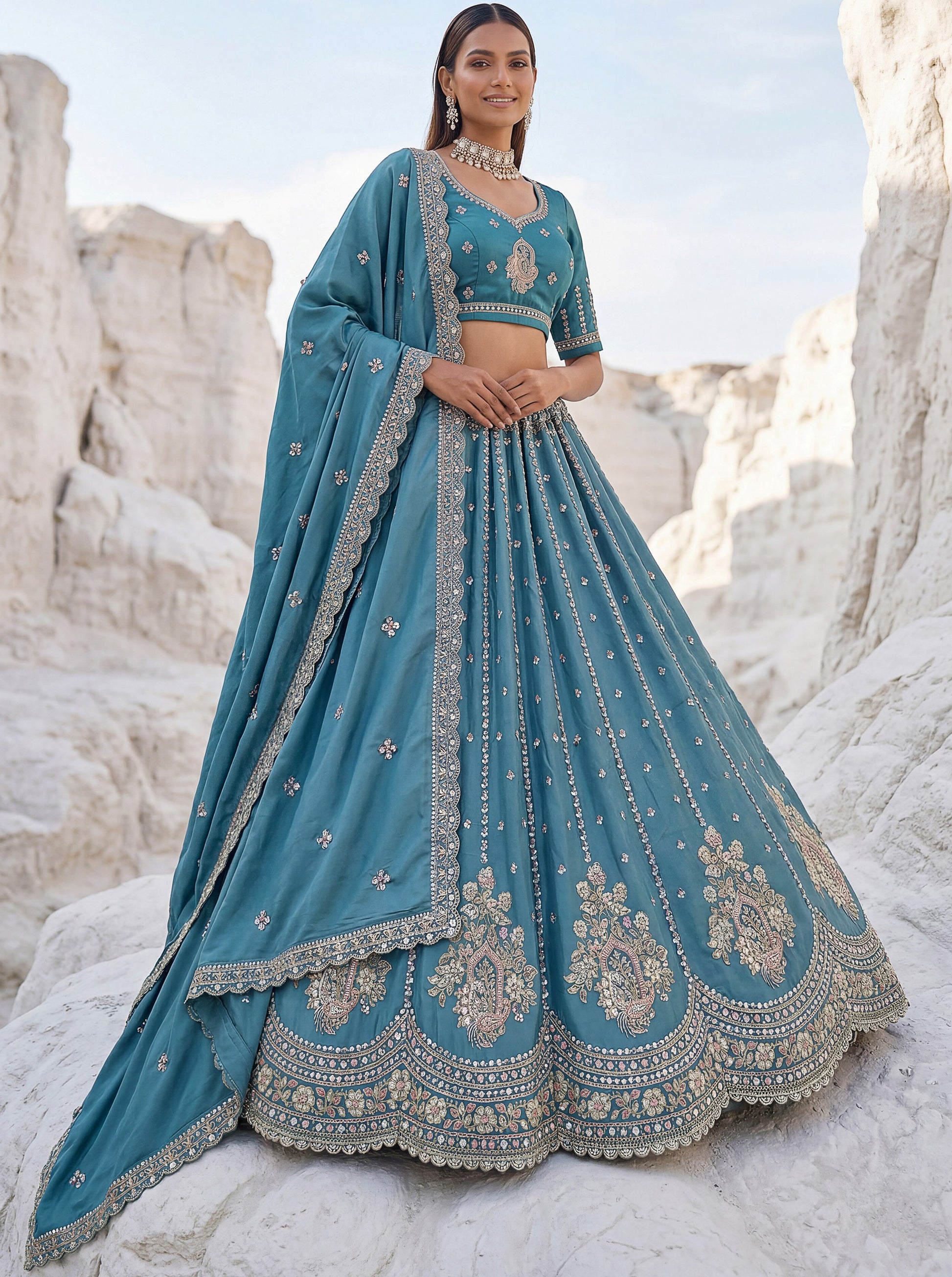 Attractive Teal Blue Embroidered Silk Engagement Wear Lehenga Choli With Dupatta