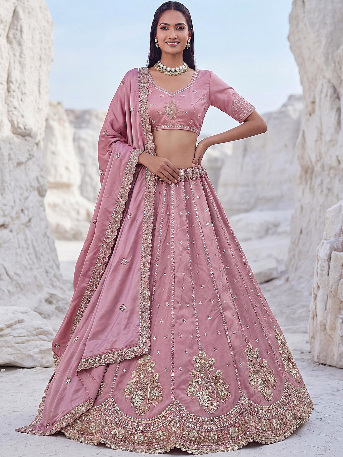 Alluring Dusty Pink Sequins Embellished Silk Wedding Wear Lehenga Choli With Dupatta