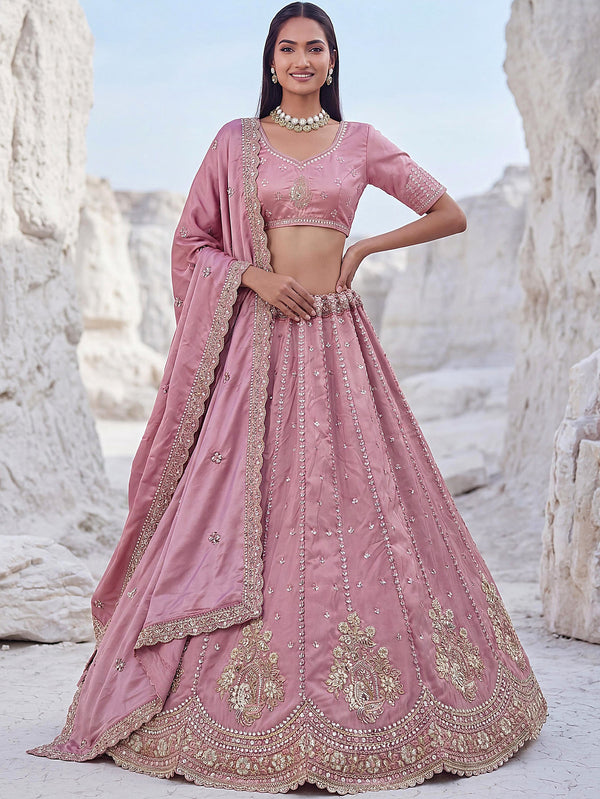 Alluring Dusty Pink Sequins Embellished Silk Wedding Wear Lehenga Choli With Dupatta