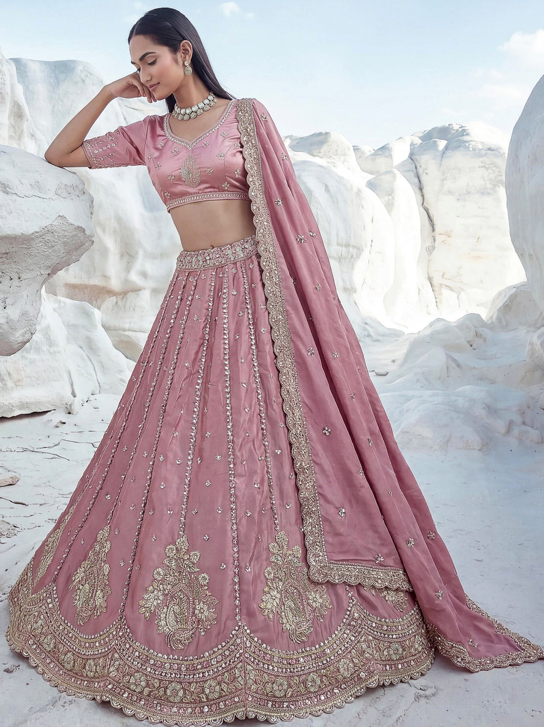 Alluring Dusty Pink Sequins Embellished Silk Wedding Wear Lehenga Choli With Dupatta