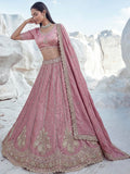 Alluring Dusty Pink Sequins Embellished Silk Wedding Wear Lehenga Choli With Dupatta