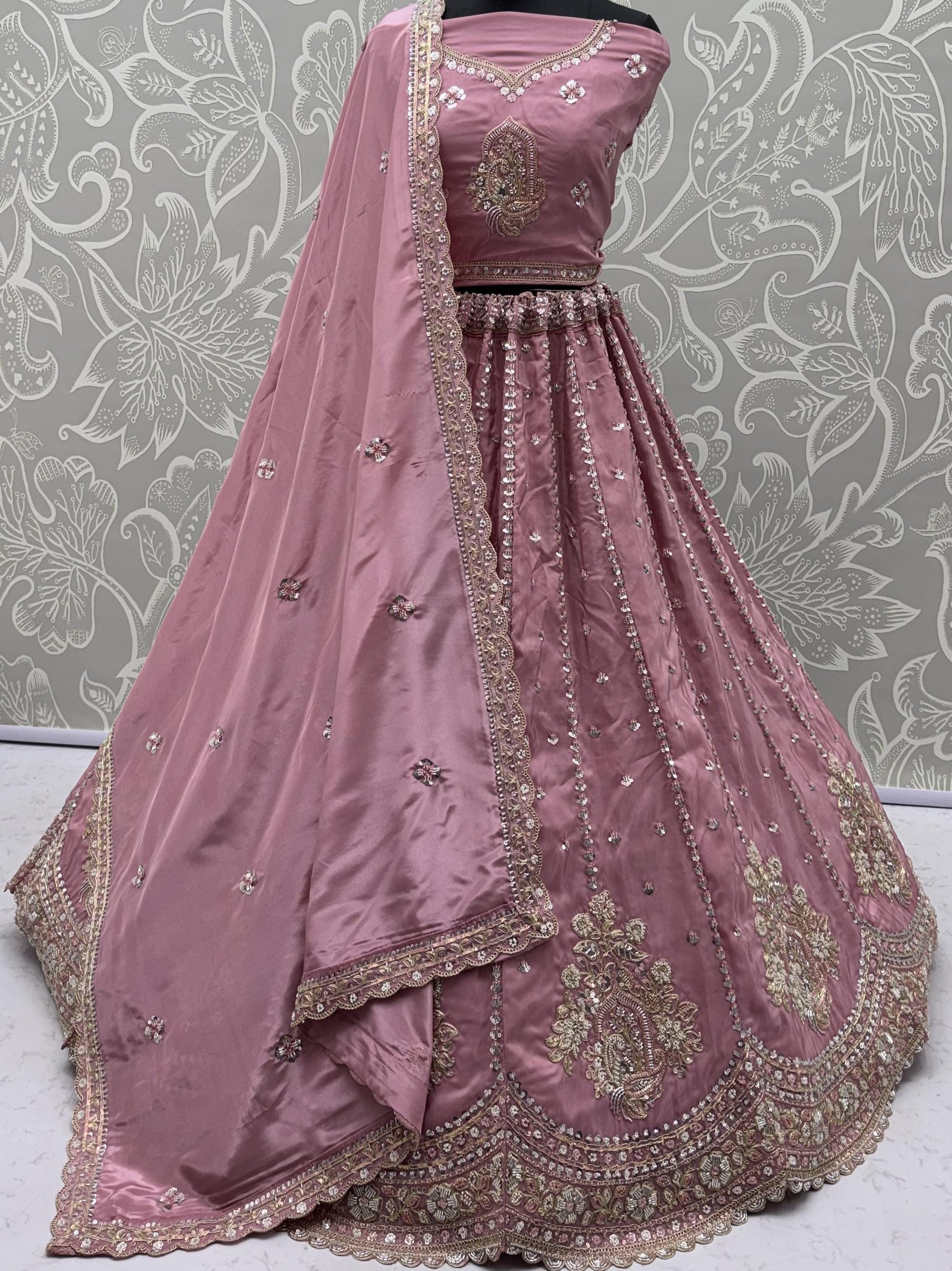 Alluring Dusty Pink Sequins Embellished Silk Wedding Wear Lehenga Choli With Dupatta