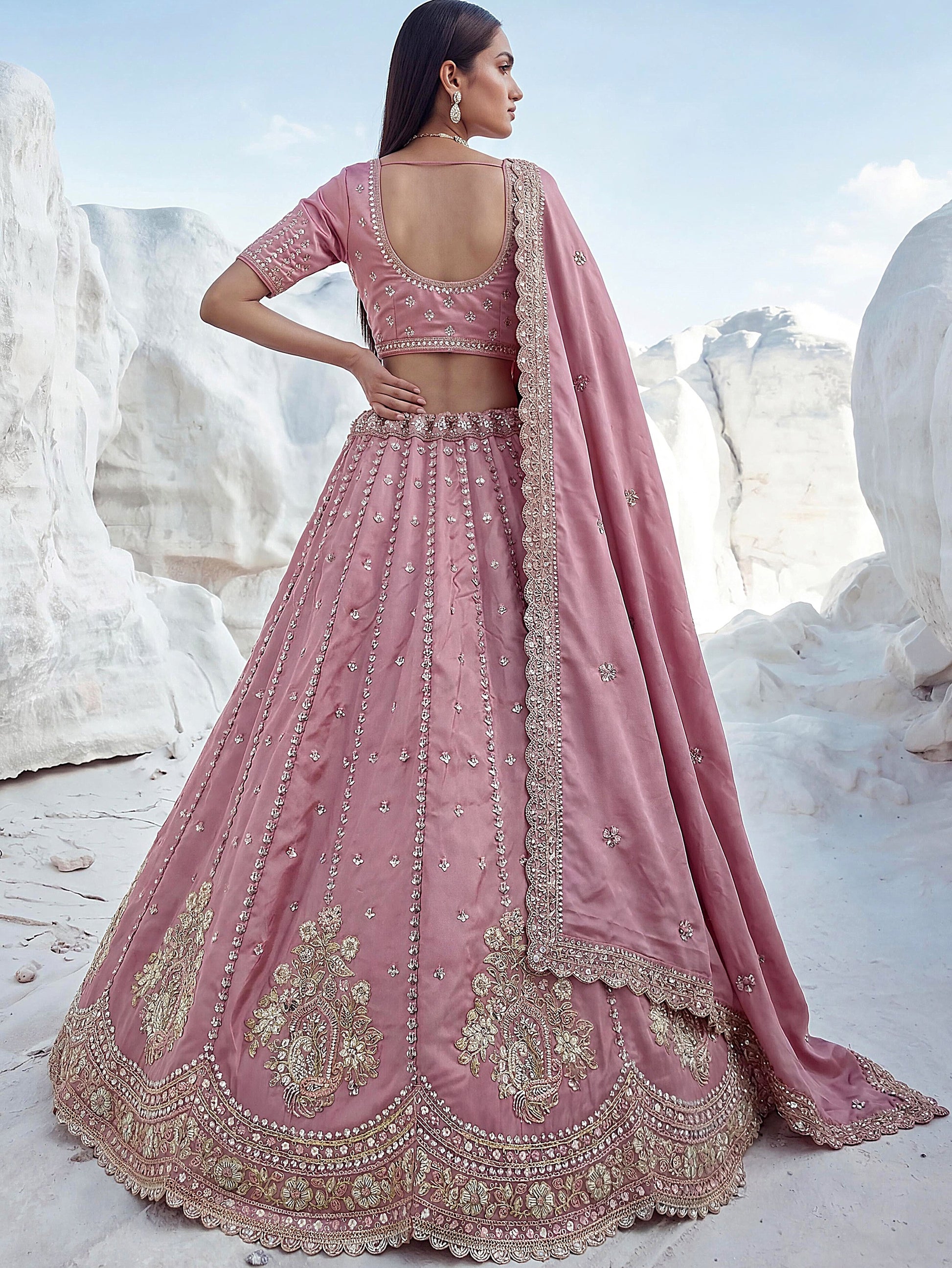 Alluring Dusty Pink Sequins Embellished Silk Wedding Wear Lehenga Choli With Dupatta