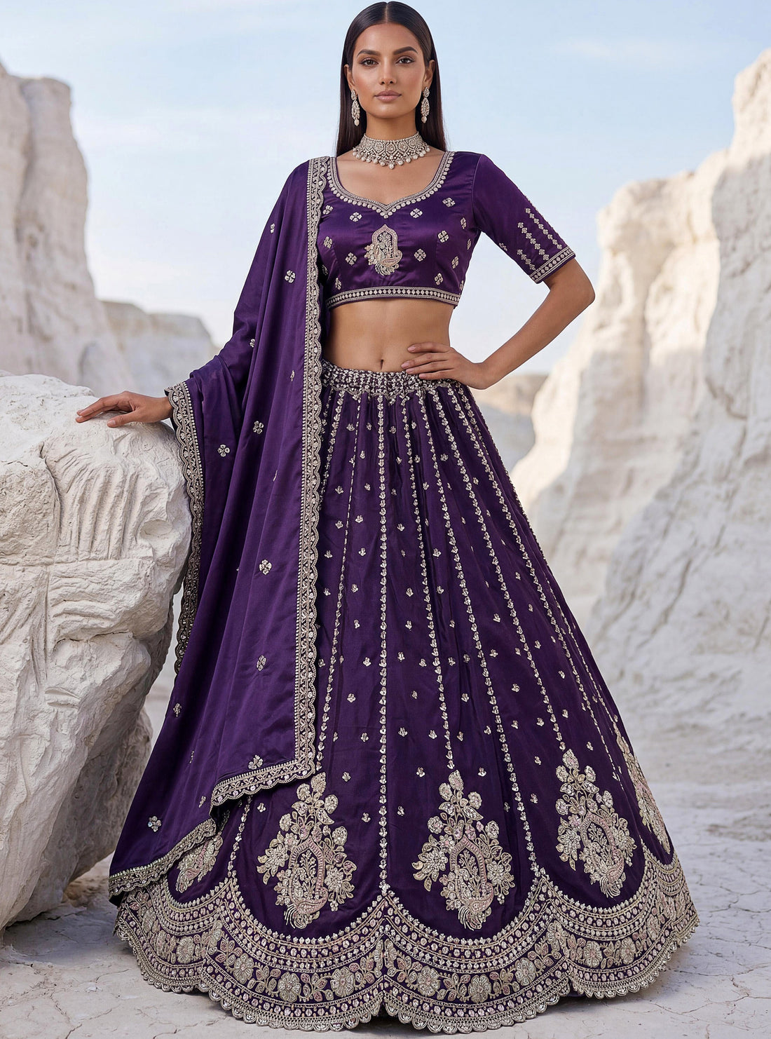 Charming Purple Embroidered Silk Wedding Wear Lehenga Choli With Dupatta