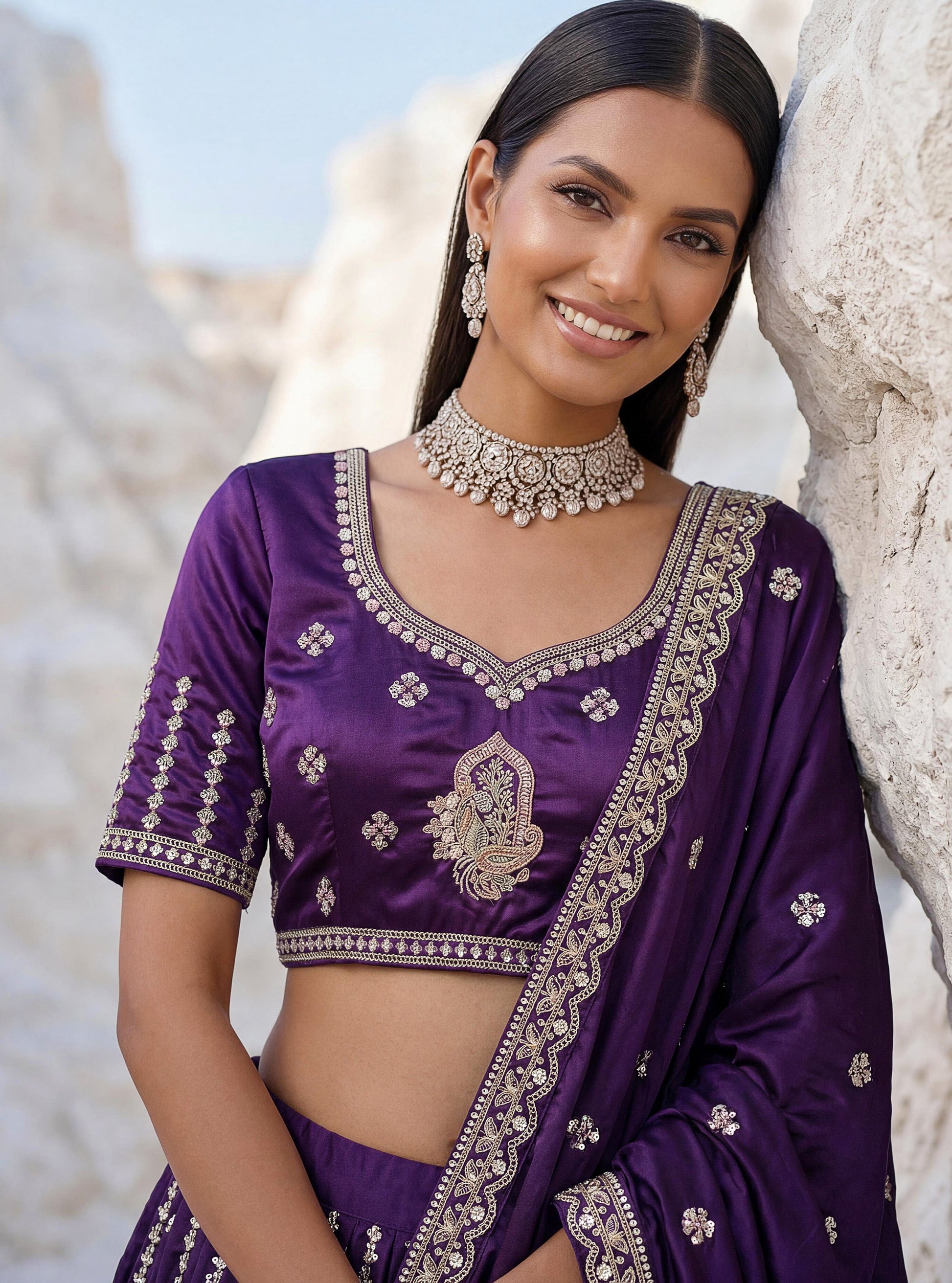 Charming Purple Embroidered Silk Wedding Wear Lehenga Choli With Dupatta