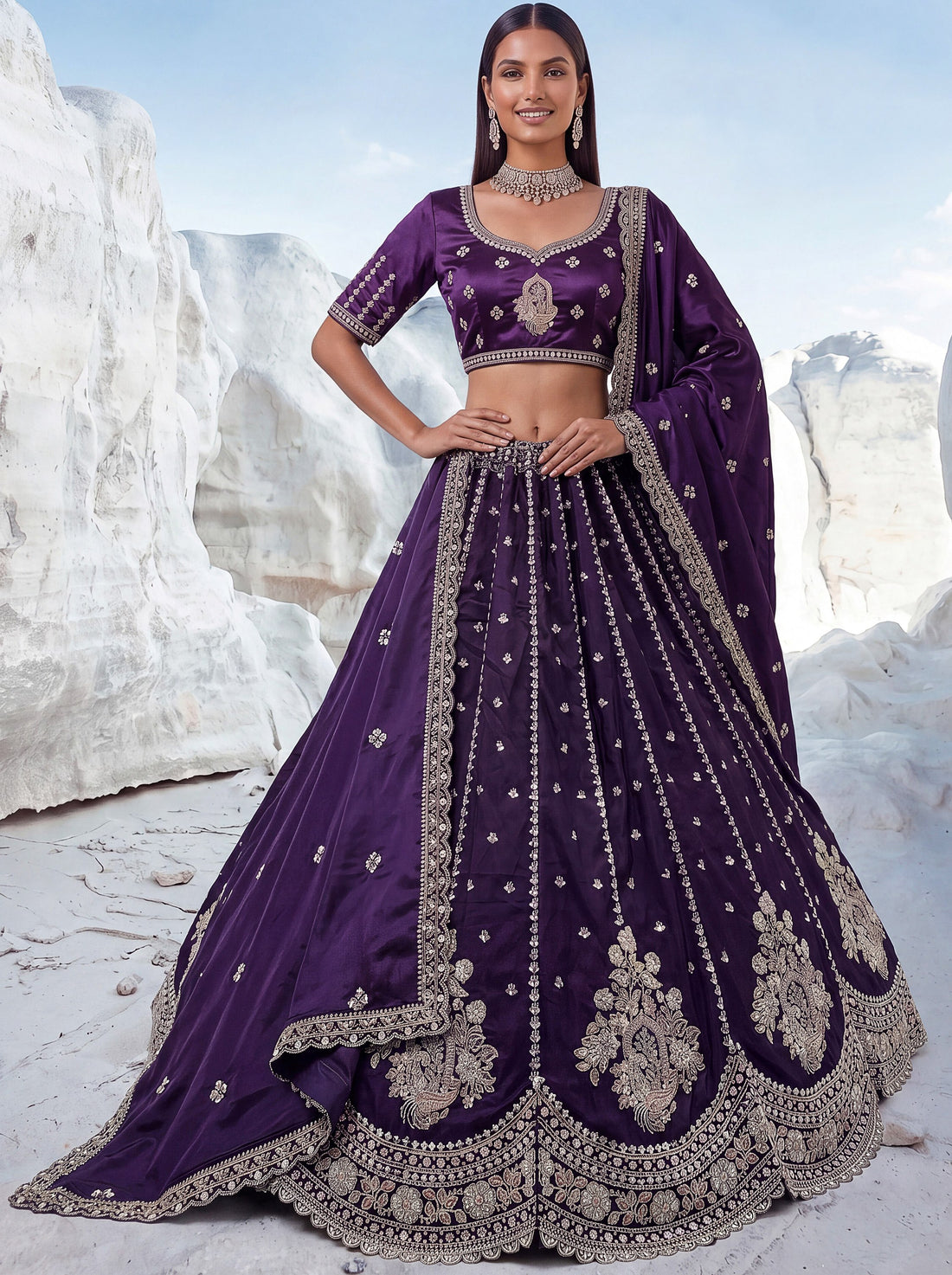 Charming Purple Embroidered Silk Wedding Wear Lehenga Choli With Dupatta
