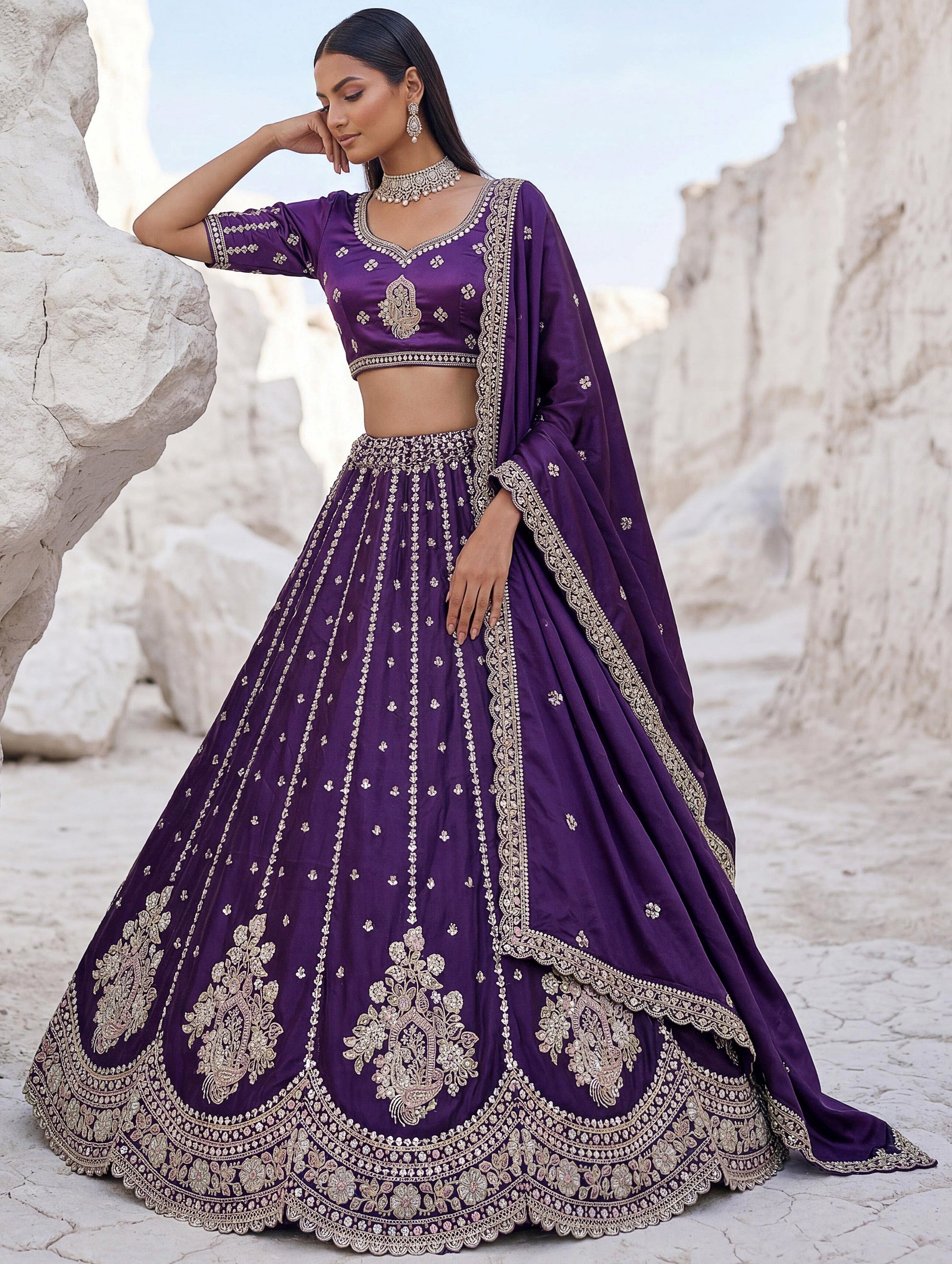 Charming Purple Embroidered Silk Wedding Wear Lehenga Choli With Dupatta