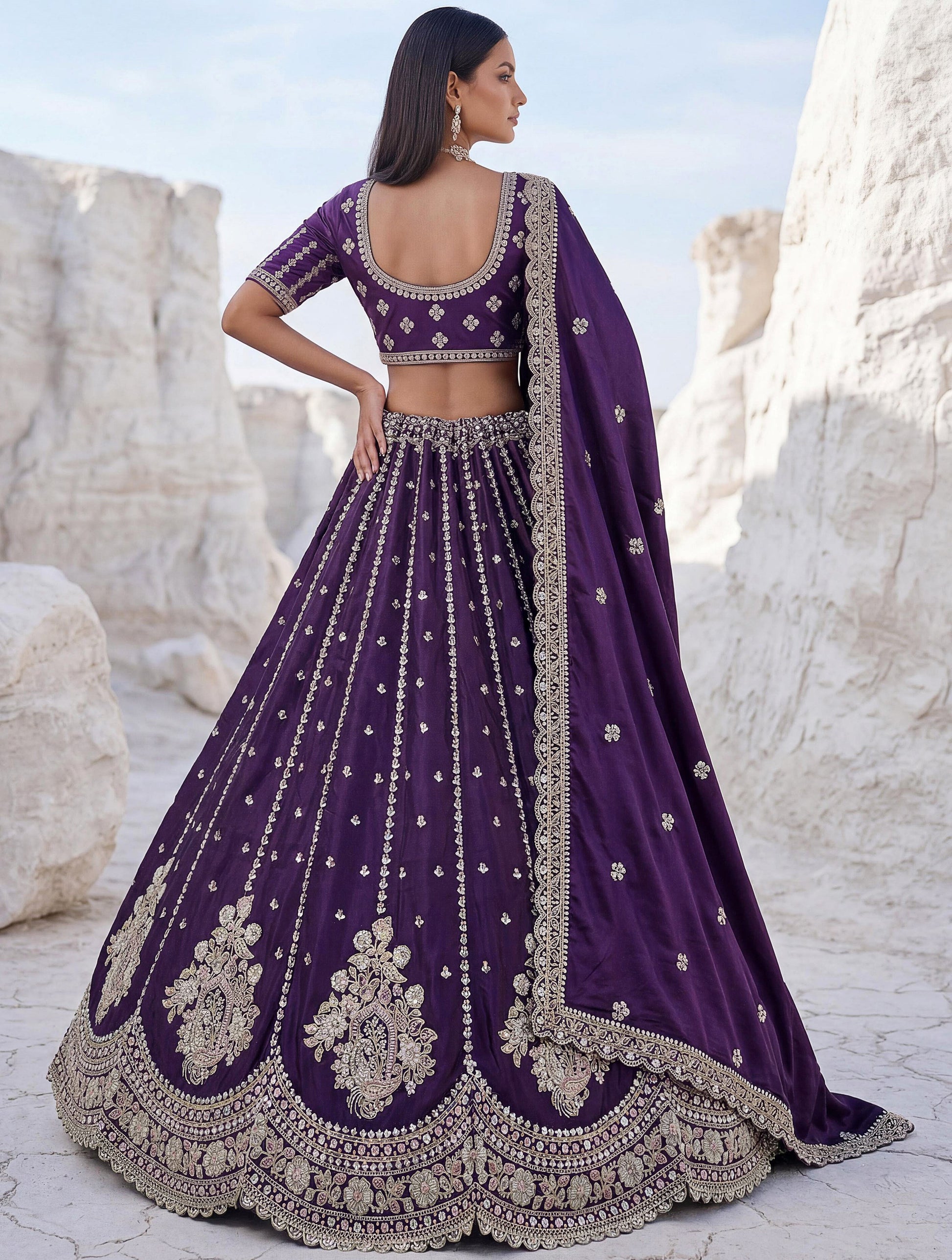 Charming Purple Embroidered Silk Wedding Wear Lehenga Choli With Dupatta