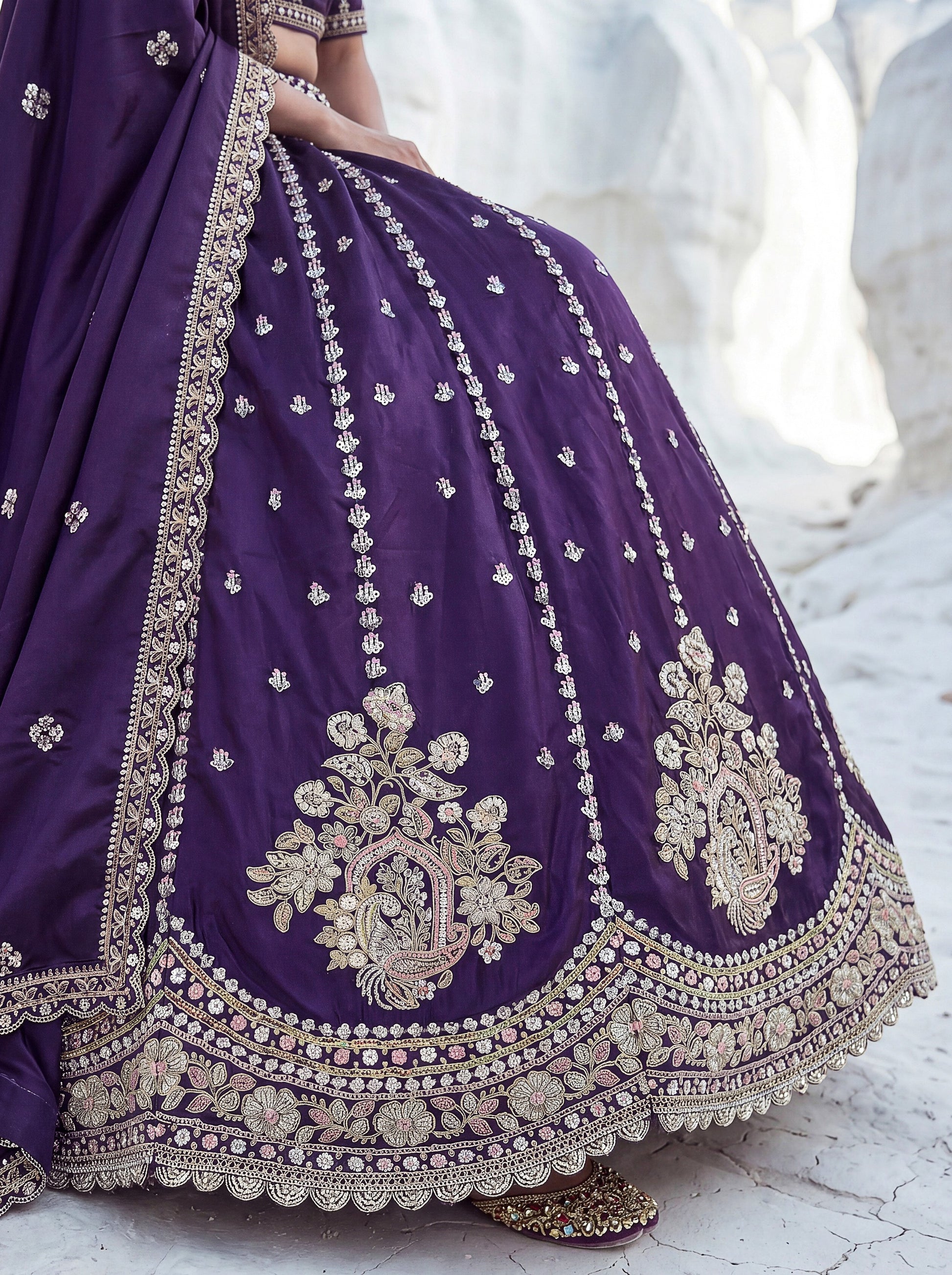 Charming Purple Embroidered Silk Wedding Wear Lehenga Choli With Dupatta