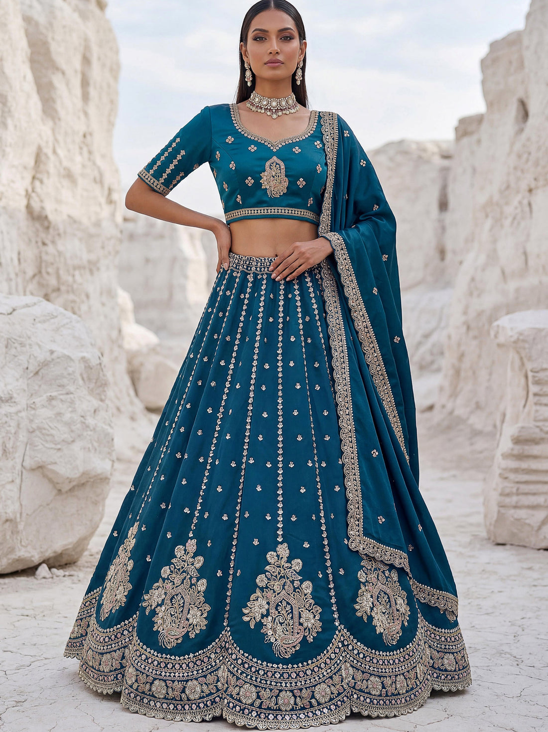 Magnificent Peacock Blue Boota Work Silk Bridesmaid Wear Lehenga Choli With Dupatta