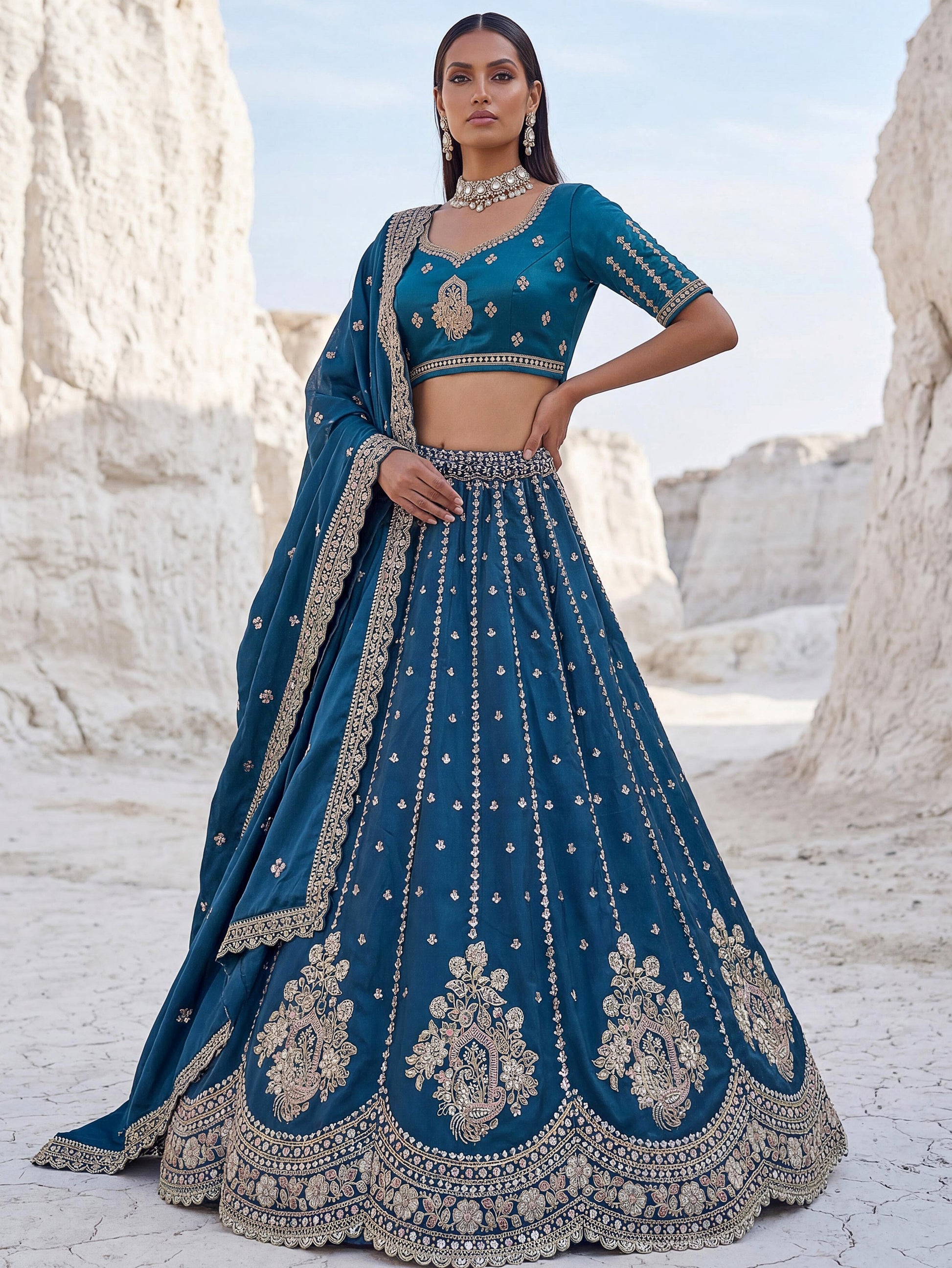 Magnificent Peacock Blue Boota Work Silk Bridesmaid Wear Lehenga Choli With Dupatta