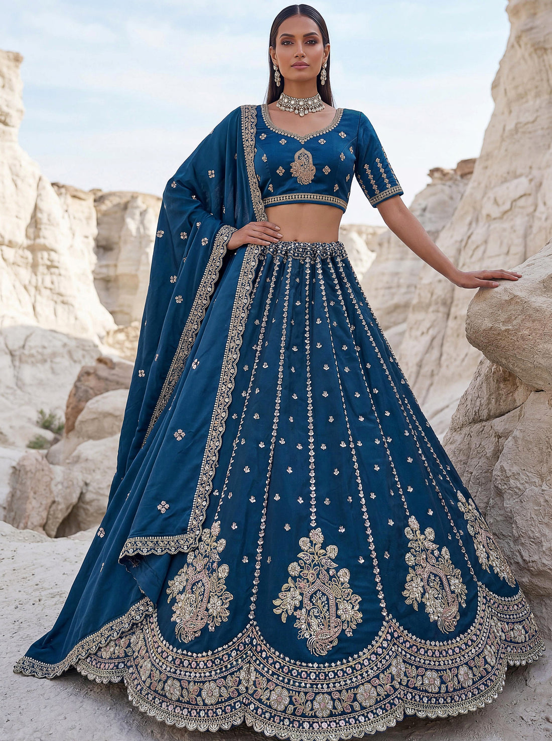 Magnificent Peacock Blue Boota Work Silk Bridesmaid Wear Lehenga Choli With Dupatta