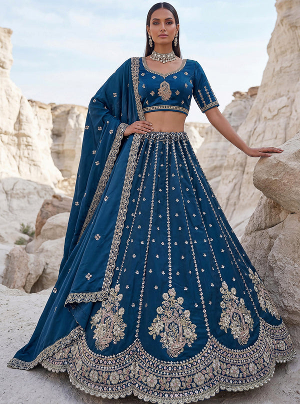 Magnificent Peacock Blue Boota Work Silk Bridesmaid Wear Lehenga Choli With Dupatta
