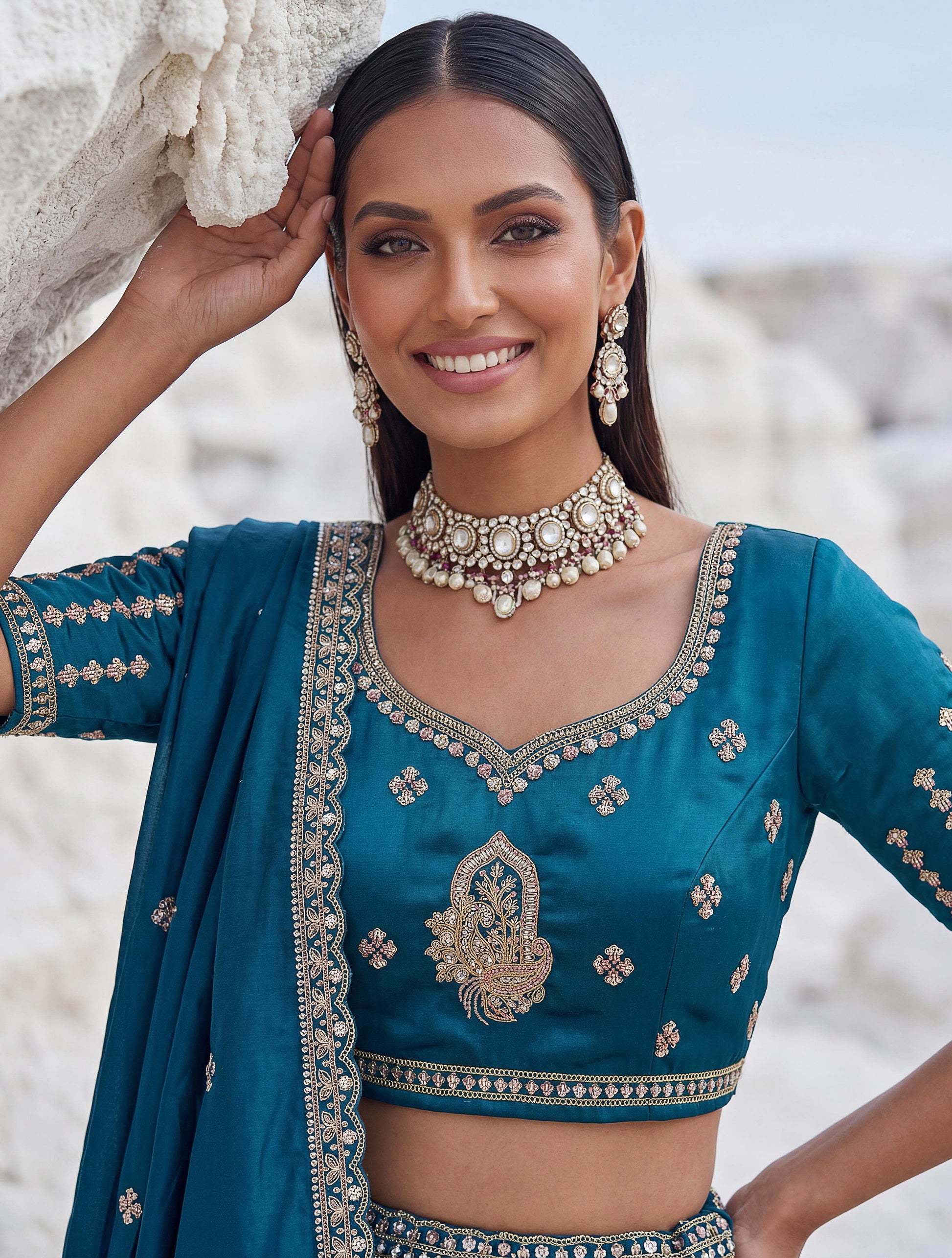 Magnificent Peacock Blue Boota Work Silk Bridesmaid Wear Lehenga Choli With Dupatta