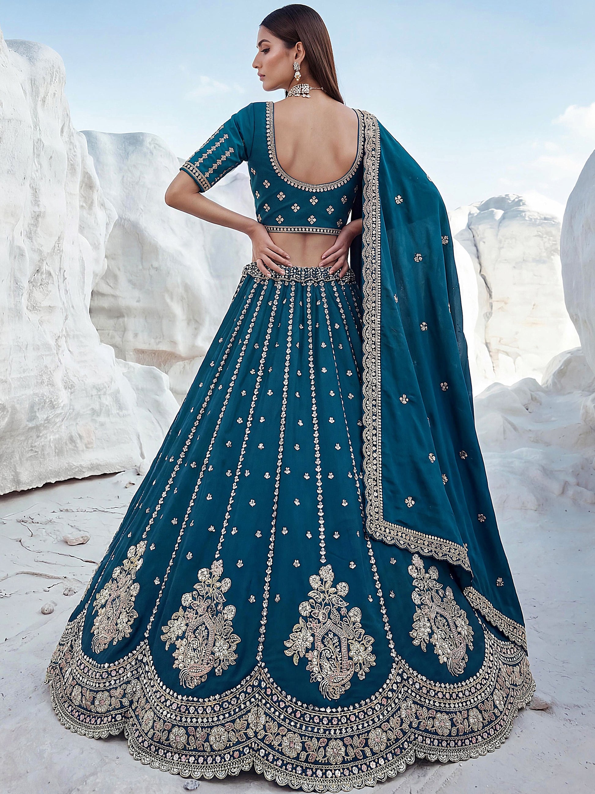 Magnificent Peacock Blue Boota Work Silk Bridesmaid Wear Lehenga Choli With Dupatta