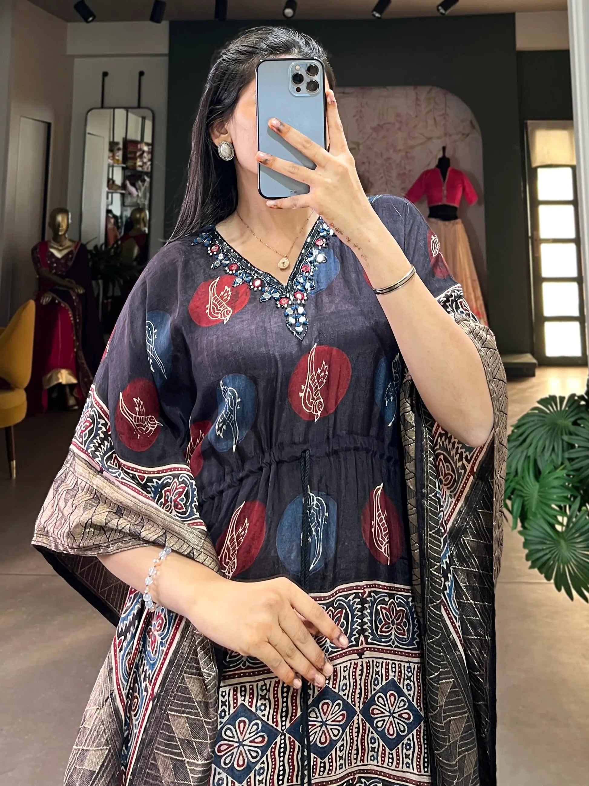 Magnetic Black Digital Printed Viscose Silk Casual Wear Kaftan