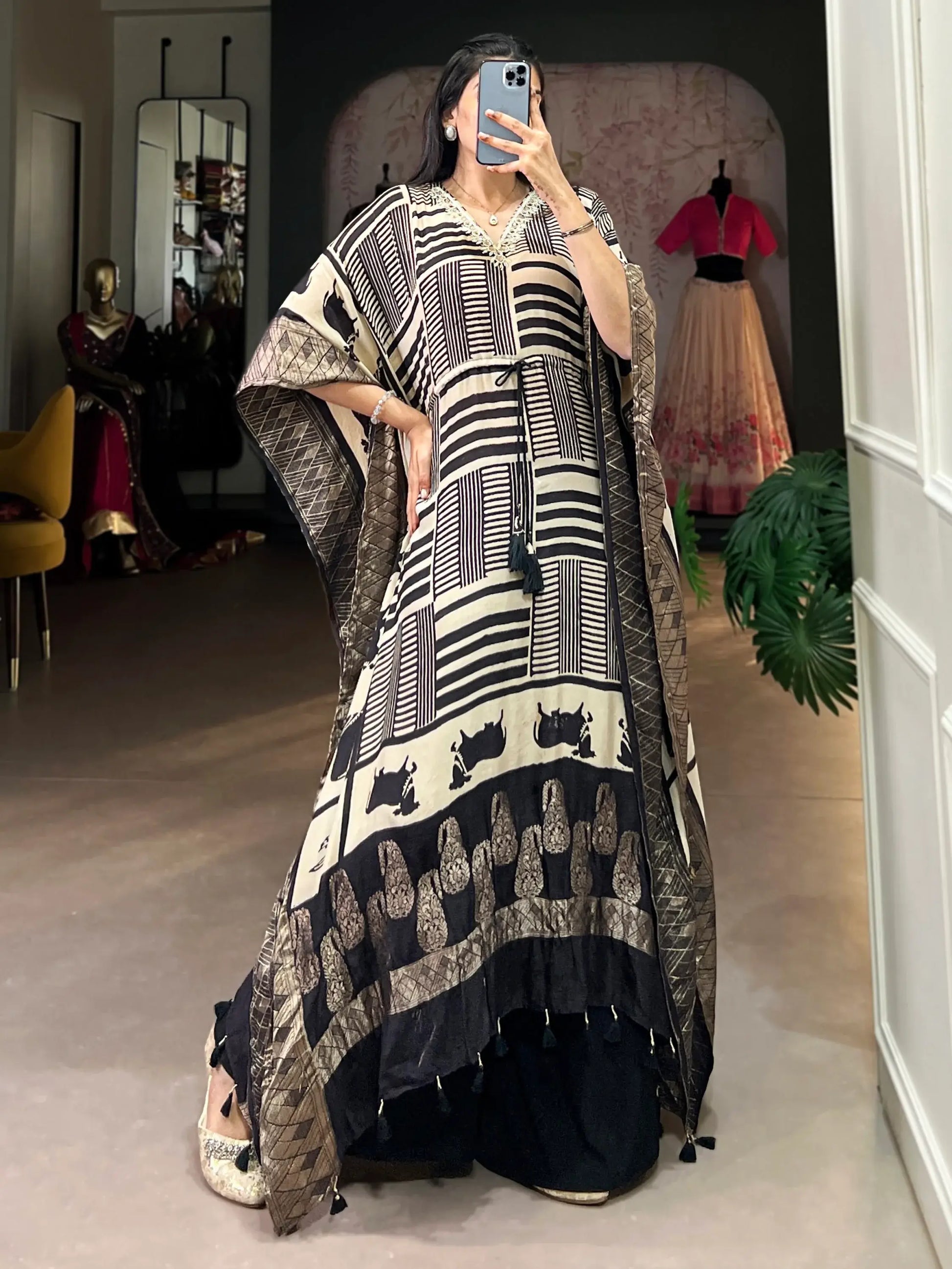 Majestic Cream Hand Work Viscose Silk Event Wear Kaftan