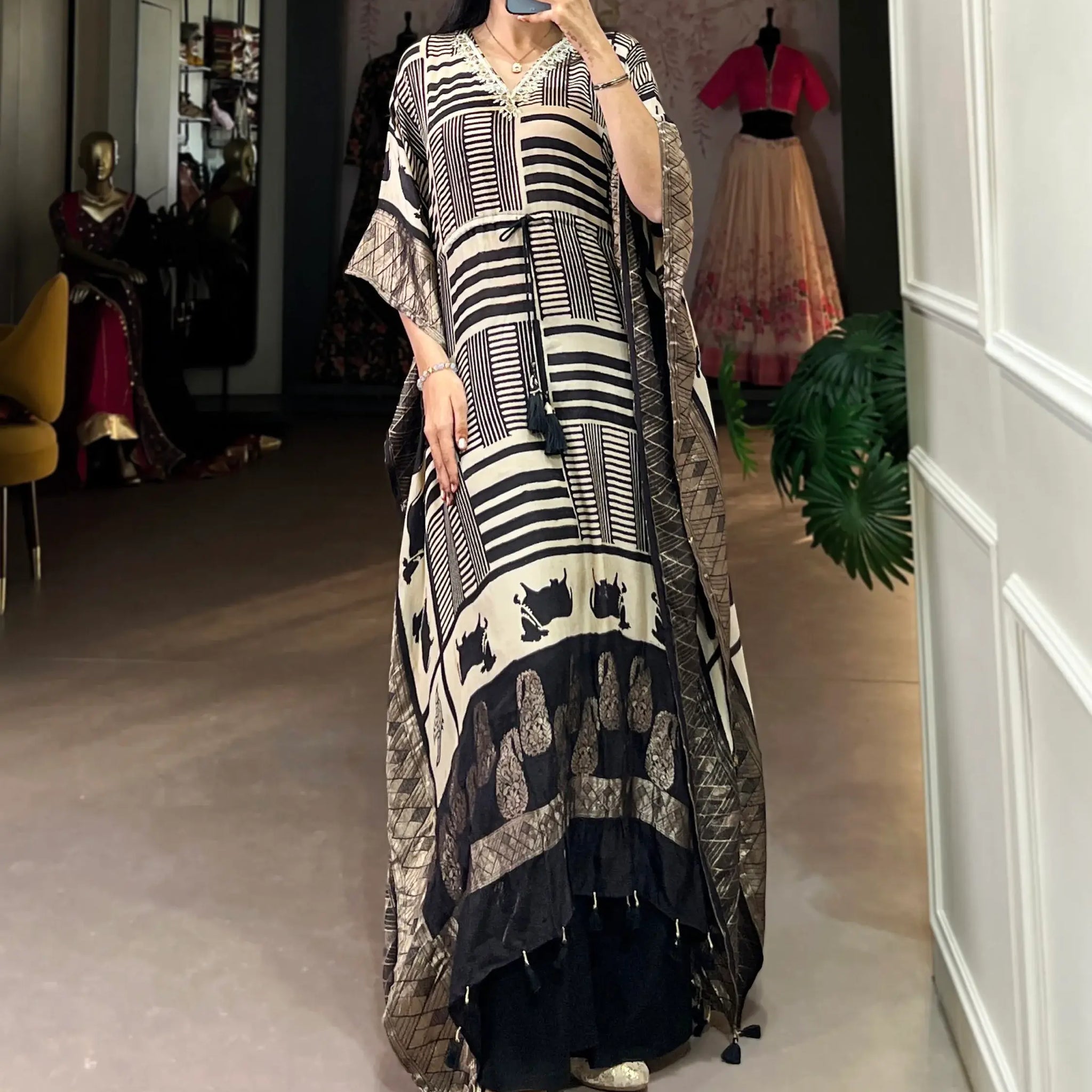 Majestic Cream Hand Work Viscose Silk Event Wear Kaftan