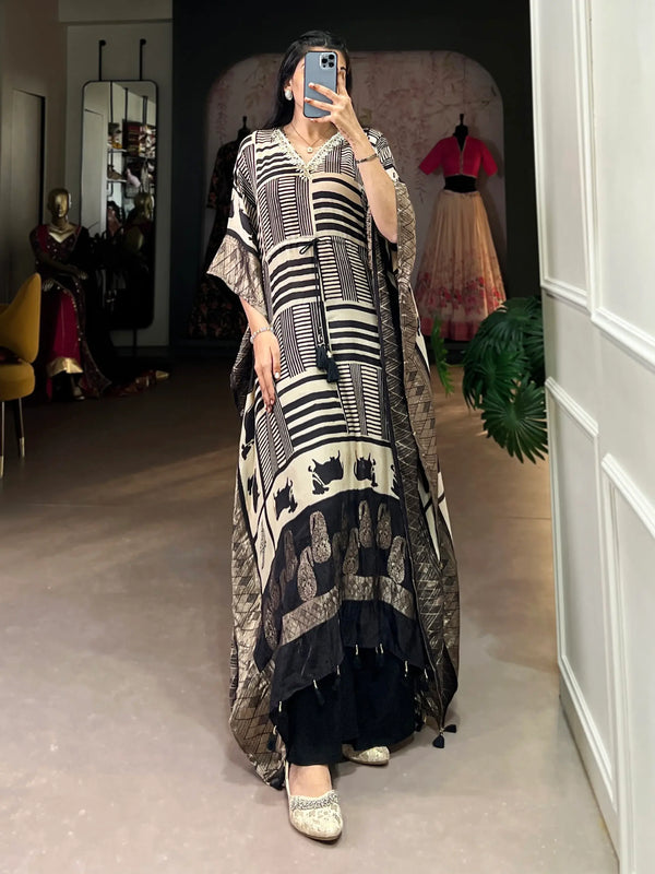 Majestic Cream Hand Work Viscose Silk Event Wear Kaftan