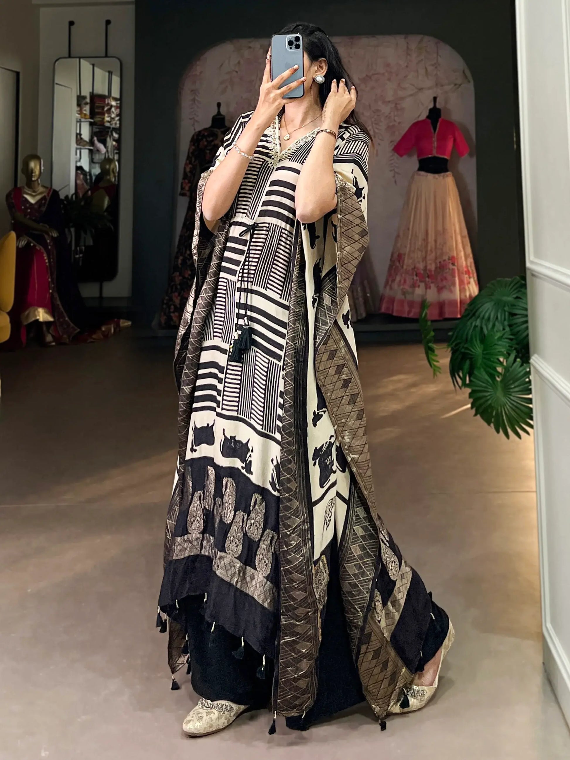 Majestic Cream Hand Work Viscose Silk Event Wear Kaftan