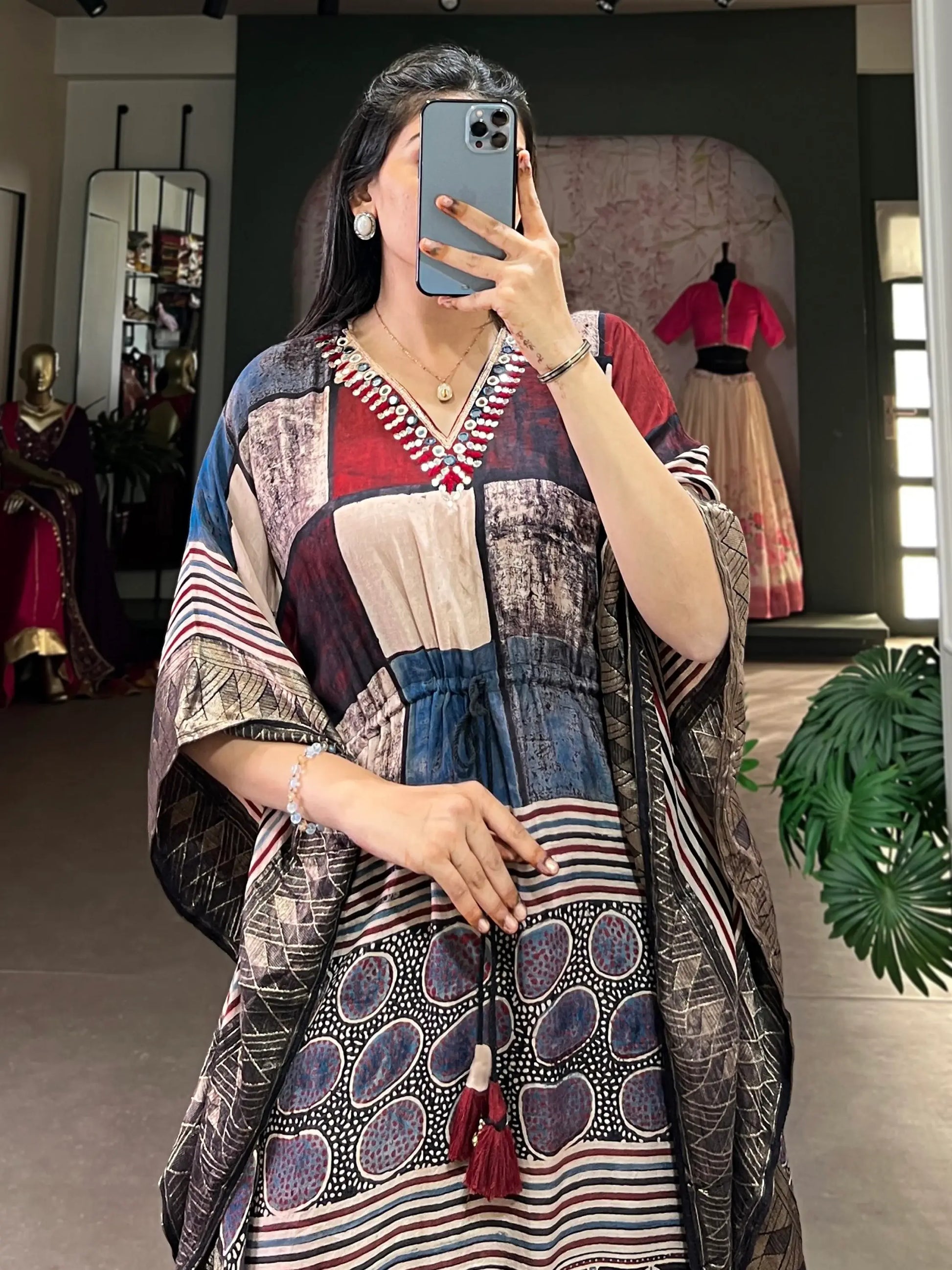 Significant Multi-Color Mirror Work Viscose Silk Evening Wear Kaftan