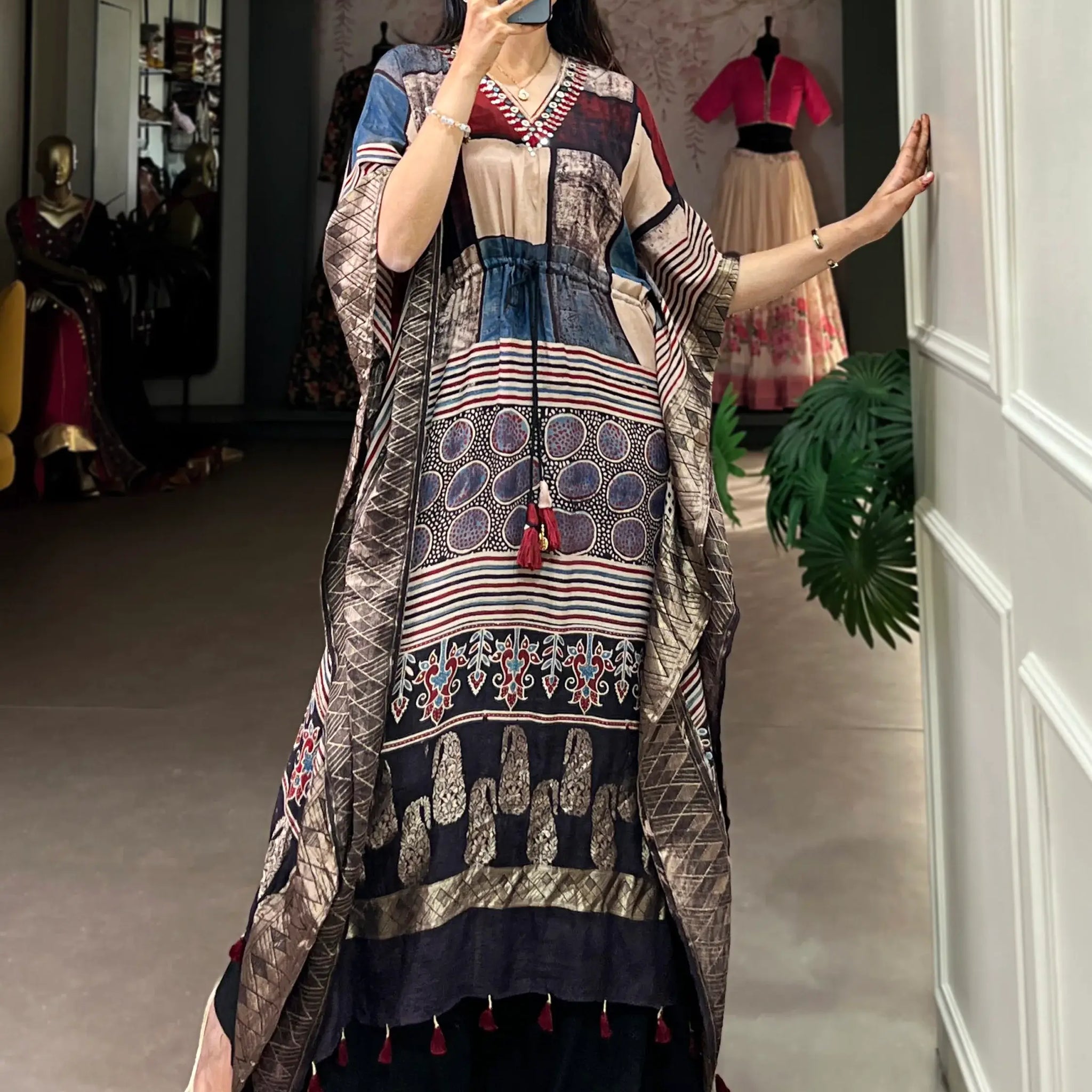 Significant Multi-Color Mirror Work Viscose Silk Evening Wear Kaftan