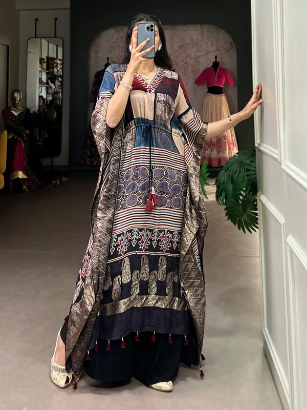 Significant Multi-Color Mirror Work Viscose Silk Evening Wear Kaftan