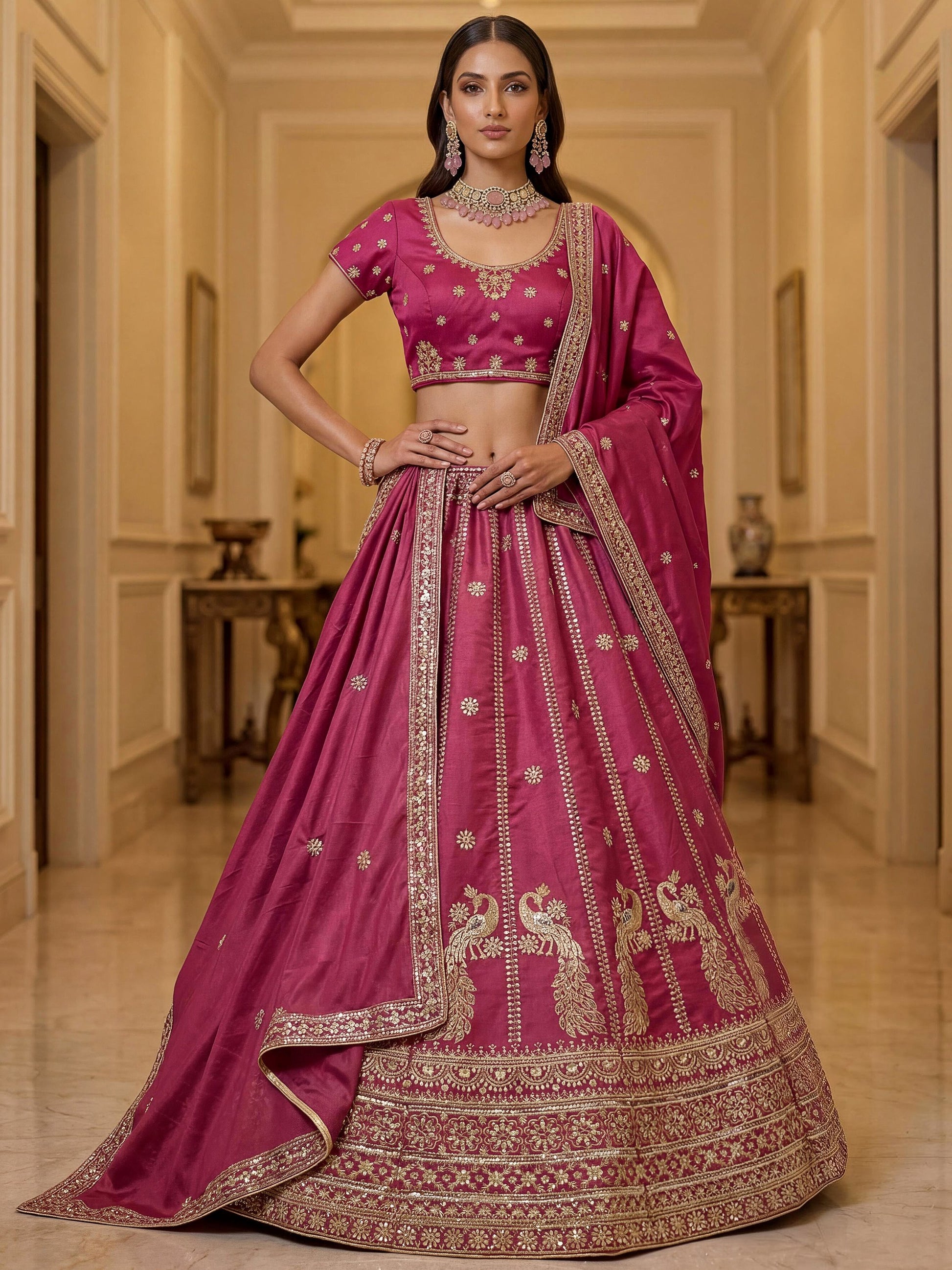 Stunning Rani Pink Embroidery Silk Wedding Wear Lehenga Choli With Dupatta