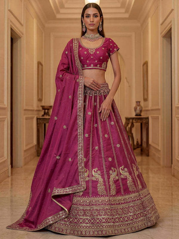 Stunning Rani Pink Embroidery Silk Wedding Wear Lehenga Choli With Dupatta