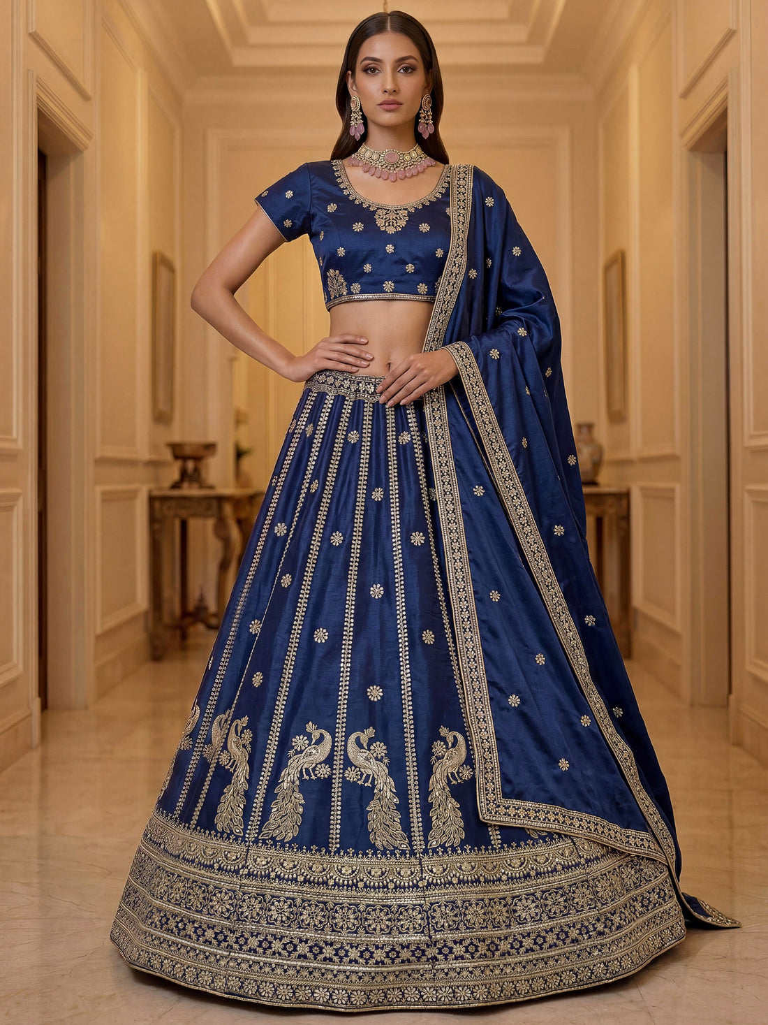 Glowing Navy Blue Sequins Silk Wedding Wear Lehenga Choli With Dupatta